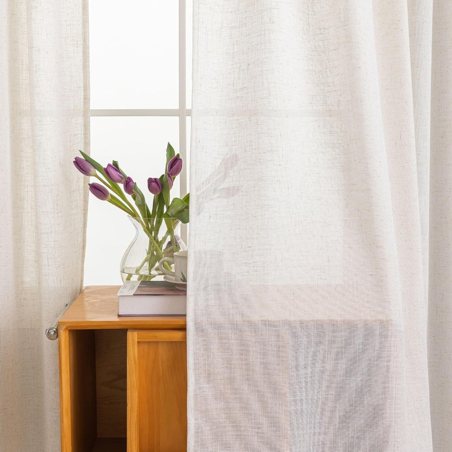 VOILYBIRD Palma Natural Linen Textured Semi Sheer Curtains for Living Room 96 Inches Long Draperies Curtains Bronze Grommet (52''W x 96''L, 2 Panels, Linen)
