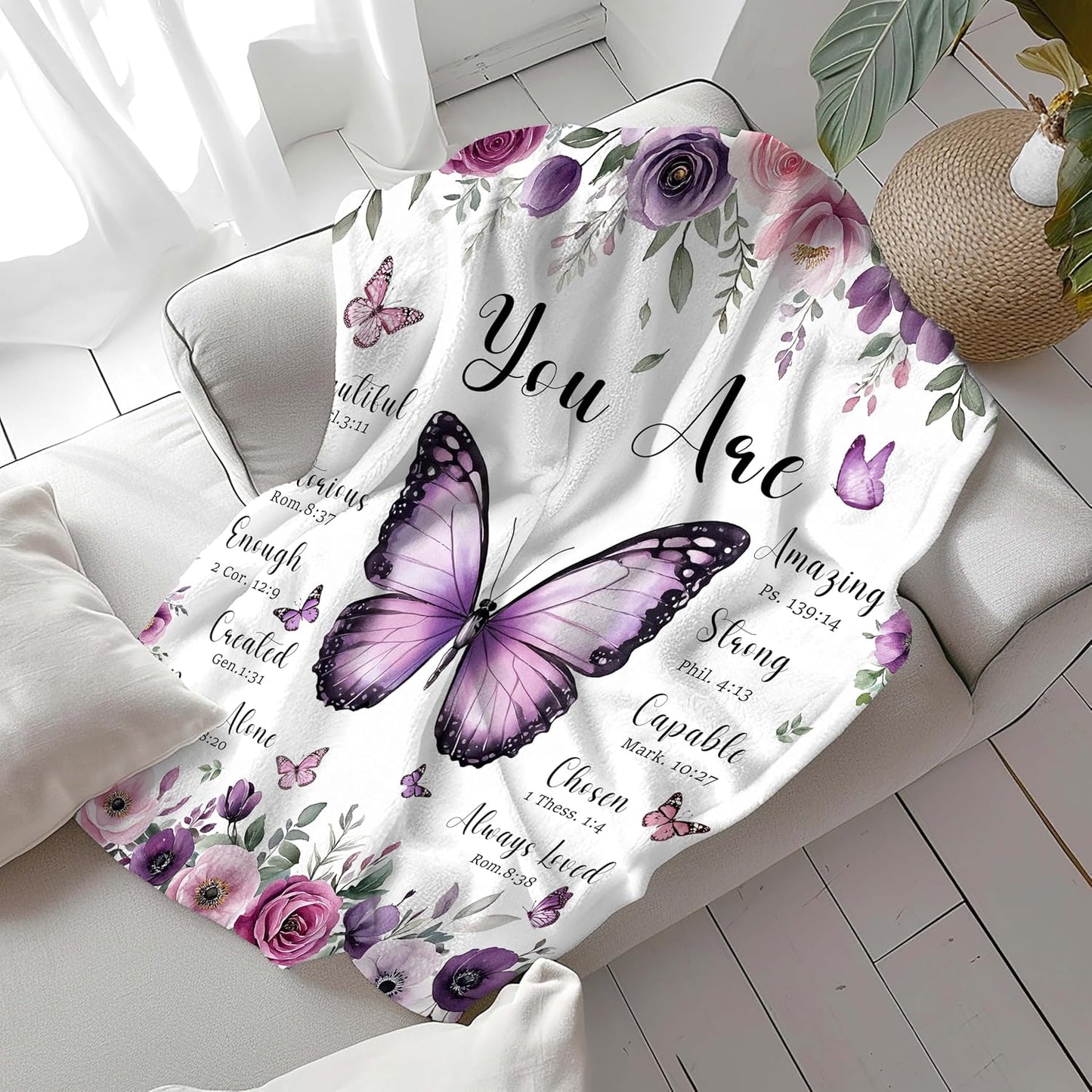 MASLEK Purple Butterfly Floral Blanket Soft Flannel Throw with Inspirational Quote Cozy Gift for Women Girls Bedroom Living Room Home, 50x60 Inch