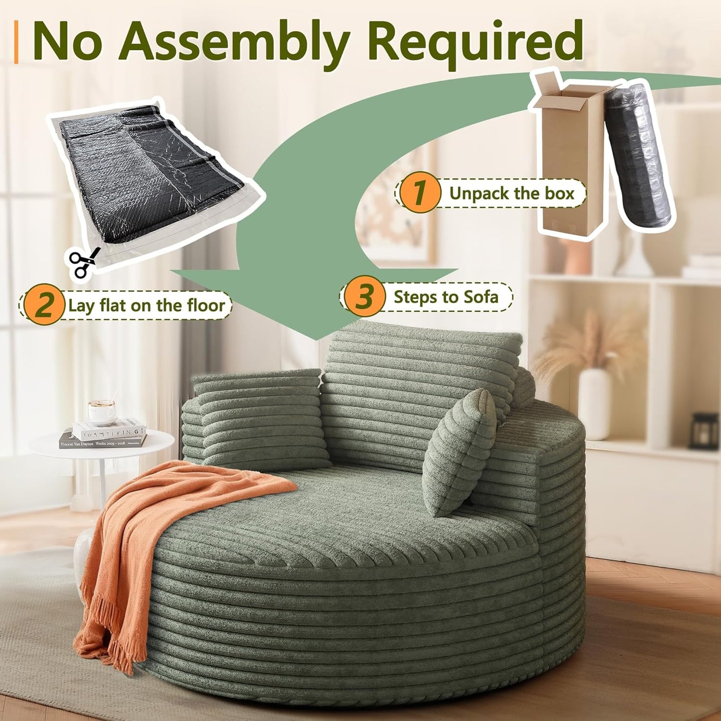 50" Oversized Round Chair Lounge Chaise Indoor, Modern Upholstered Corduroy Cloud Circle Chair with Deep Seat, Comfy Fluffy Sleeper Sofa for Reading, Living Room, Bedroom, No Assembly, Green