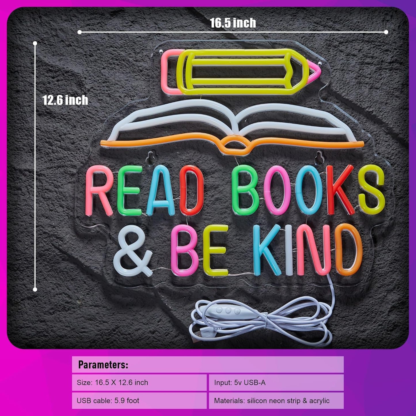 Read Books and Be Kind Neon Sign Pencil Book Neon Light Student LED Neon Light Colorful Neon Light Up Signs for Classroom Bookstore Library Museum Study Room