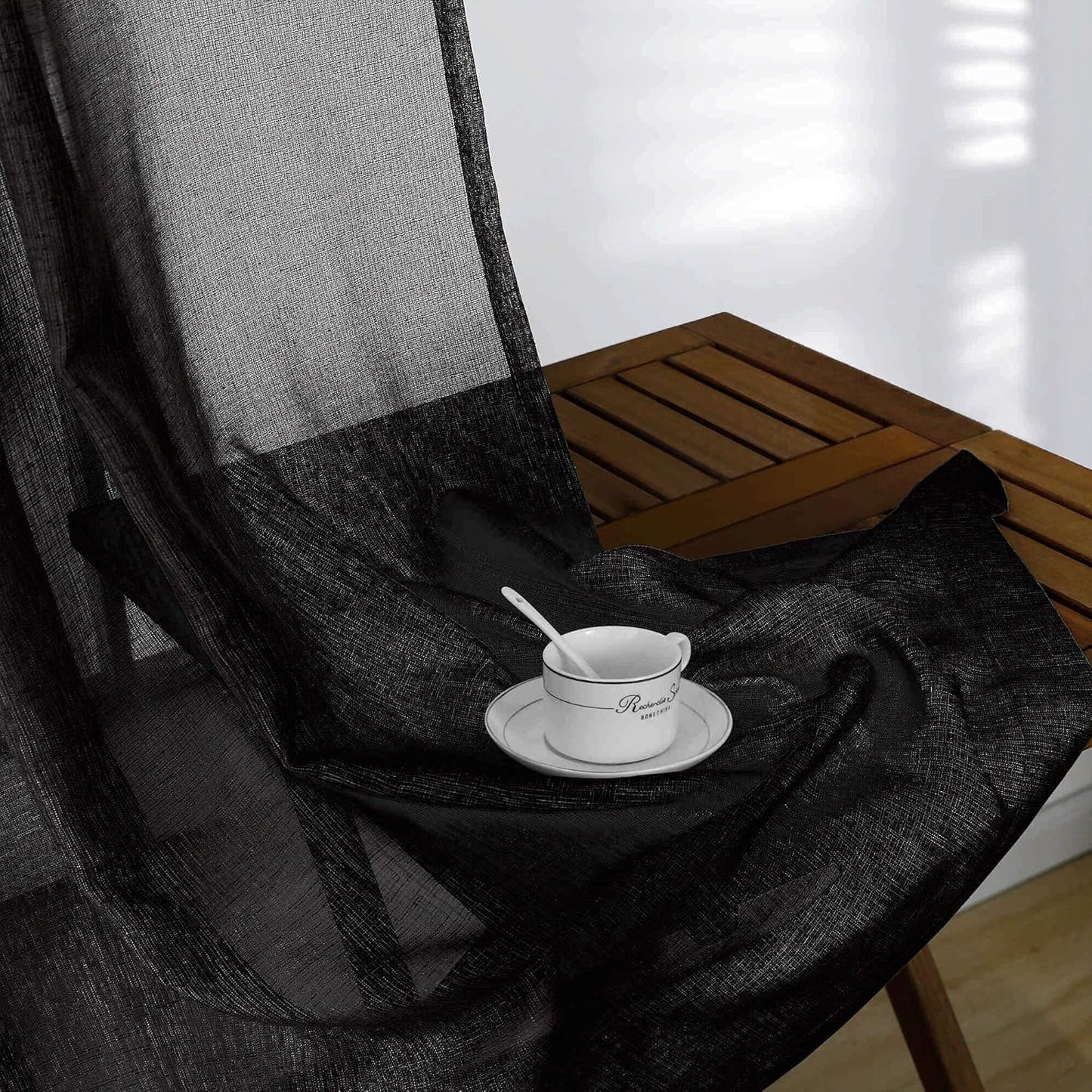 KOUFALL Sheer Black Curtains for Bedroom 2 Panels,Boho Window Curtains for Bathroom Kitchen Living Room 63 Inch Length