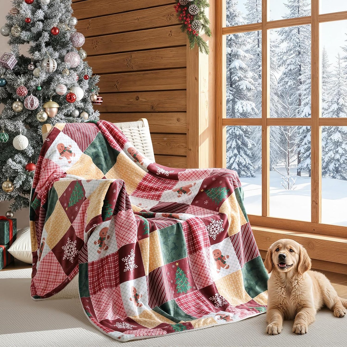 TRUEDAYS Christmas Throw Blanket 50x60 - Fluffy Sherpa Fleece Blanket for Couch & Bed, Cozy Soft Plaid Gingerbread Xmas Tree Blanket - Classic Checkered Snowflake Christmas Decor