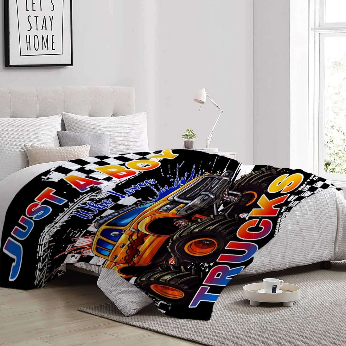 Trucks Blanket, Just A Boy Who Loves Trucks Gifts for Kids, Car Themed Flannel Blankets, Soft Cozy Lightweight Throws Gifts for Truck Lovers & Boys 40x50 Inch for Kid