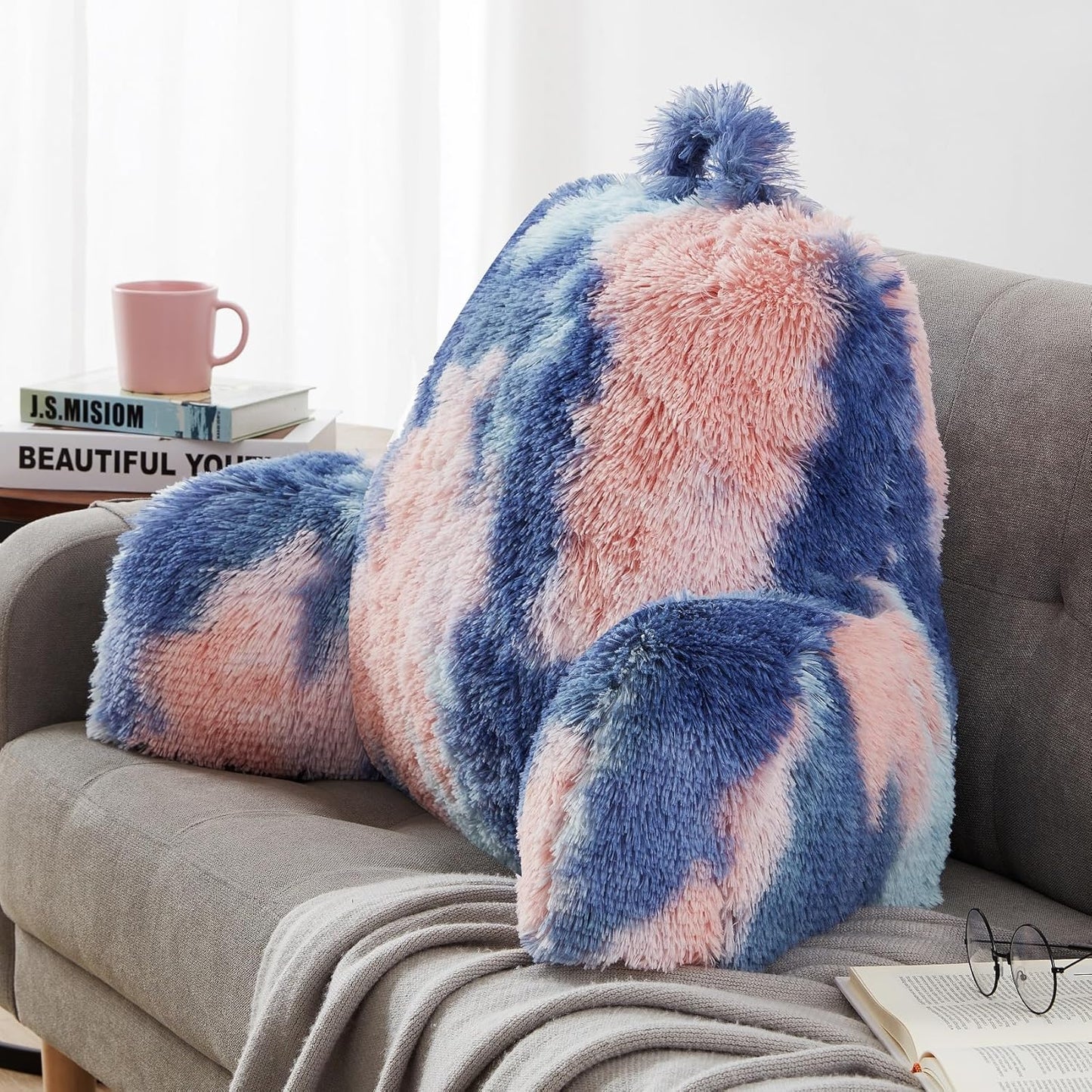 Fluffy Fur Reading Pillow for Adults & Kids Unisize, Stylish Back Pillow for Bed Sitting Up, Bed Chair Pillow with Arms, Adorable Gift for Teens, Bed Rest Sit Up Back Support Pillow