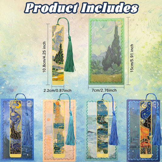 5 Pcs Metal Bookmarks with Tassel, Oil Painting Scenery Theme Exquisite Bookmarks, Book Accessories Gifts for Book Lovers Writers Readers Children Teens Men Women Adults (Scenery-5pcs)