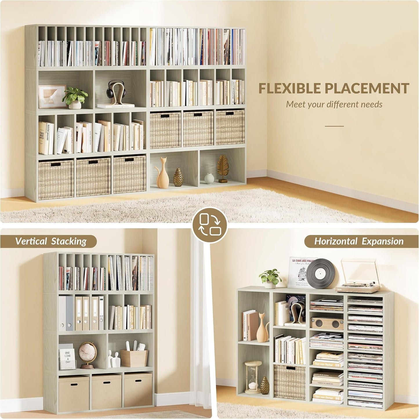 IOTXY DIY Modular Cube Bookcase - CubeXY Customizable Stackable Expandable Combination Set, 23-Cube Open Bookshelf for Books, Fabric Storage Bin, and 7/10-inch Vinyl Record Organizer, Oak