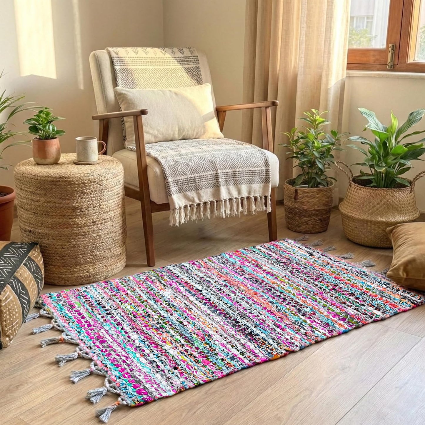 100% Cotton Rag Rug 24x36 - Multicolor Chindi Rug - Hand Woven & Reversible for Living Room Kitchen Entryway Rug -Multi Color