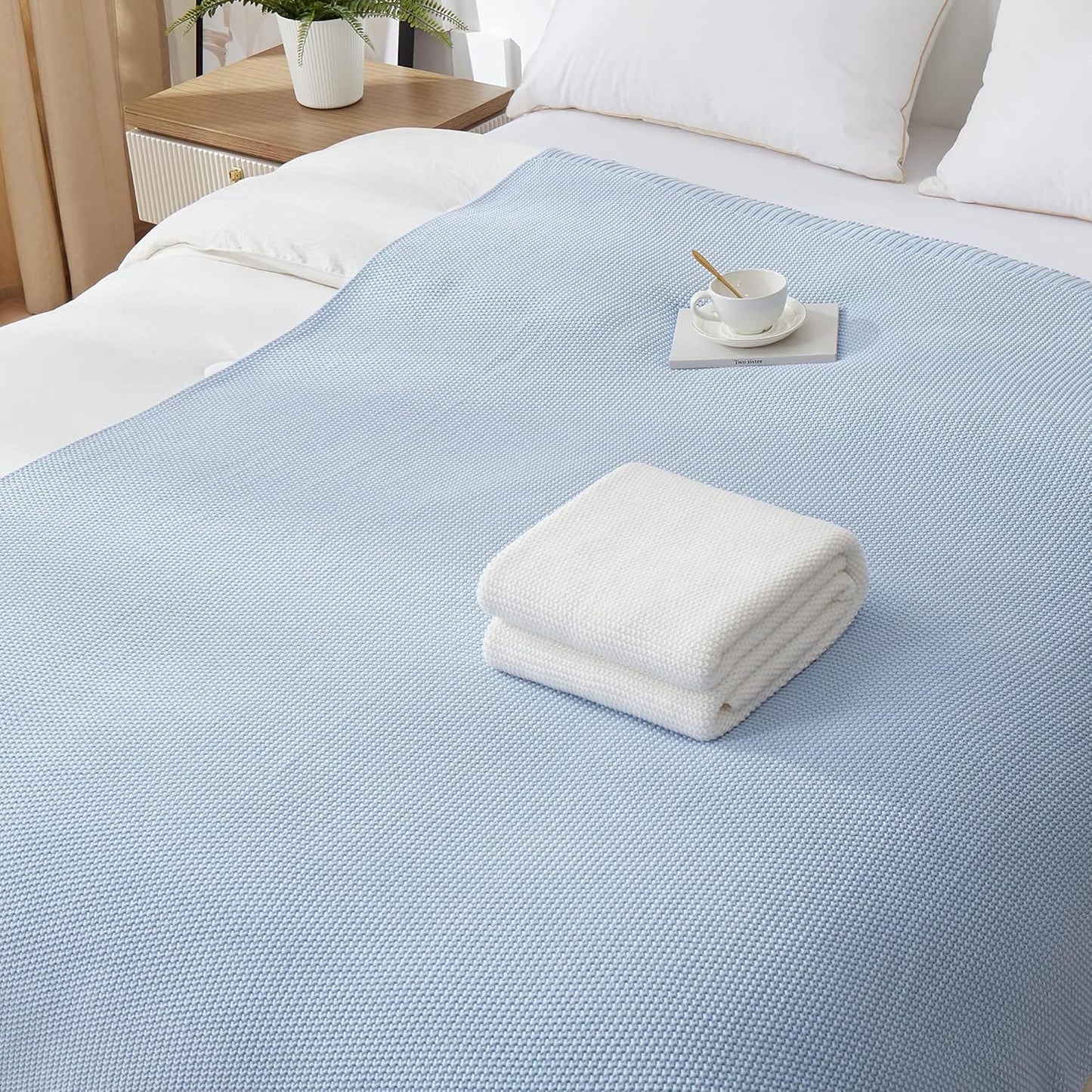 Longhui bedding 100% Cotton Light Blue Cable Knit Throw Blanket for Couch Sofa Bed Home Décor – Lightweight 50“ x 60”, Bonus Laundering Bag, Machine Washable