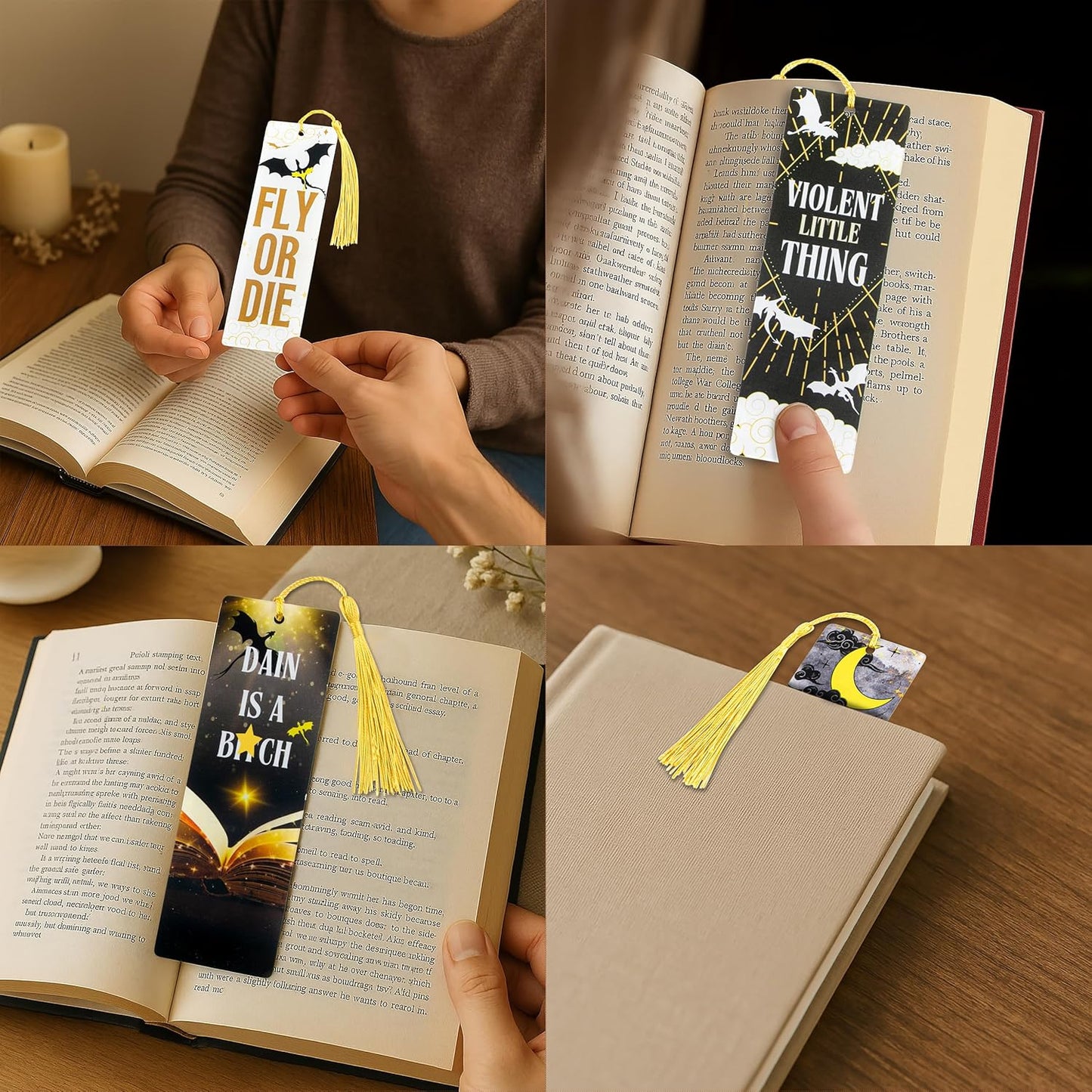 Dragon Bookmarks – Set of 4 Acrylic Fantasy Bookmark with Tassels, Cool Bookmarks for Men and Women, Dragon Gifts for Women, Luxury Bookmark for Fantasy Lovers and Book