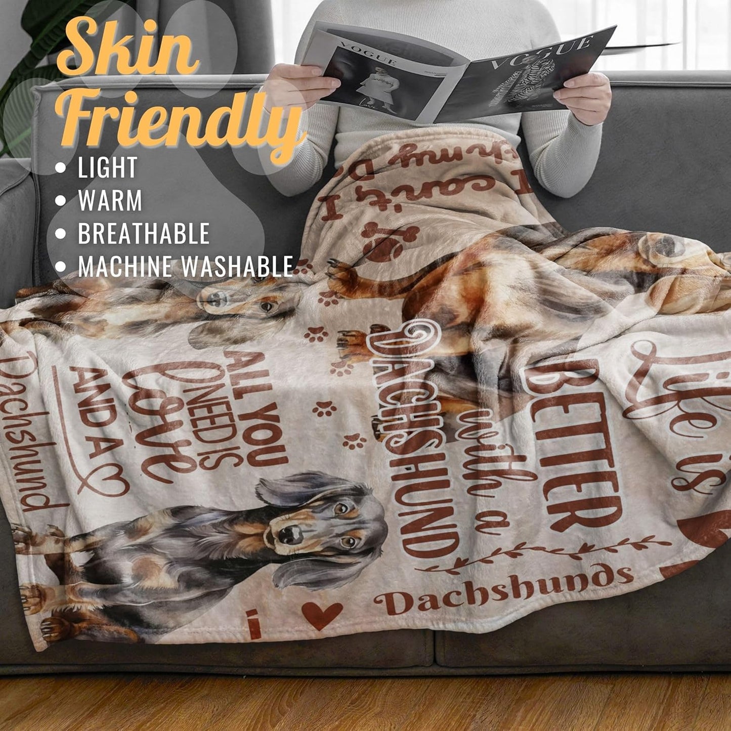 Dachshund Gifts for Women, Weiner Weenie Flannel Throw Blanket for Dog Mom Dad Owner, Beige, 50x65 Inches