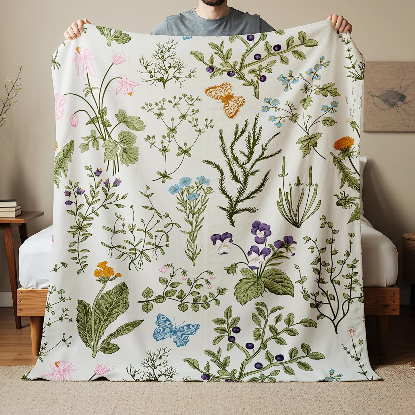 Vintage Floral Throw Blanket Botanical Butterfly Flower Print Ultra Soft Cozy Flannel Blanket Elegant Home Decor Gift for Women Girls, 50x60 Inch