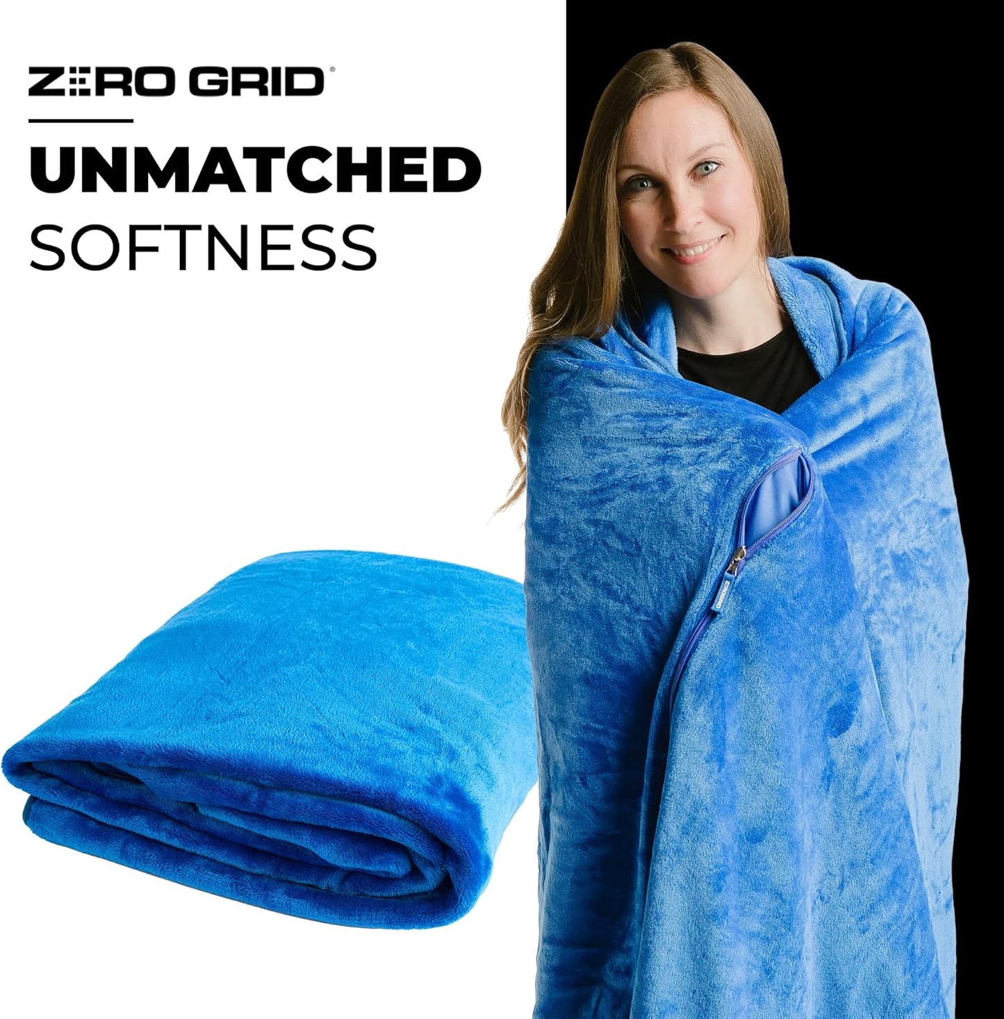 Zero Grid Lightweight Travel Blanket – Premium Compact Wearable Airplane Blanket with Neck Snaps, Cozy Foot Pockets, Zipper Pouch, converts to Soft Pillow for Ultimate Comfort - Royal Blue