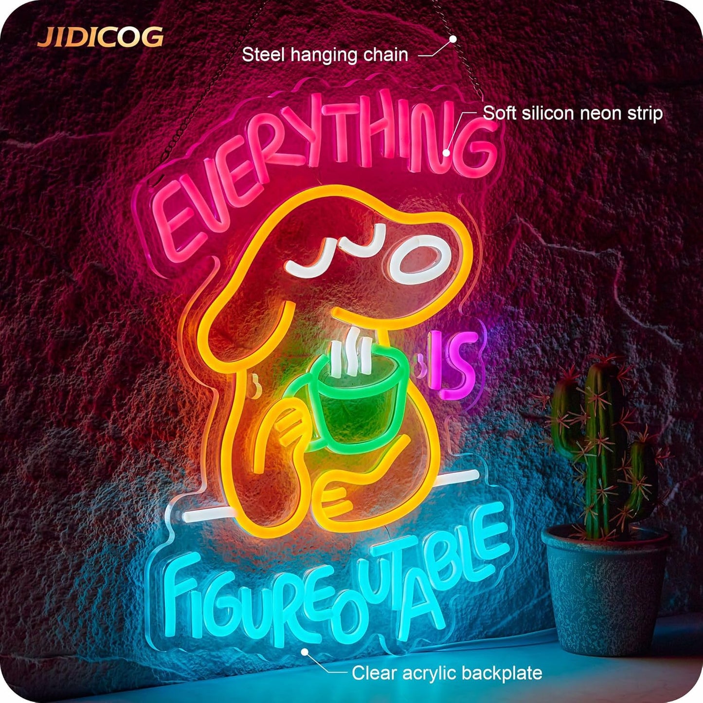 Everything Is Figureoutable Neon Sign Dog Pet Positive Affirmation LED Light for Wall Decor Inspirational Light Up Signs Motivational Art for School Classroom Party Store Home Compatible with Timer