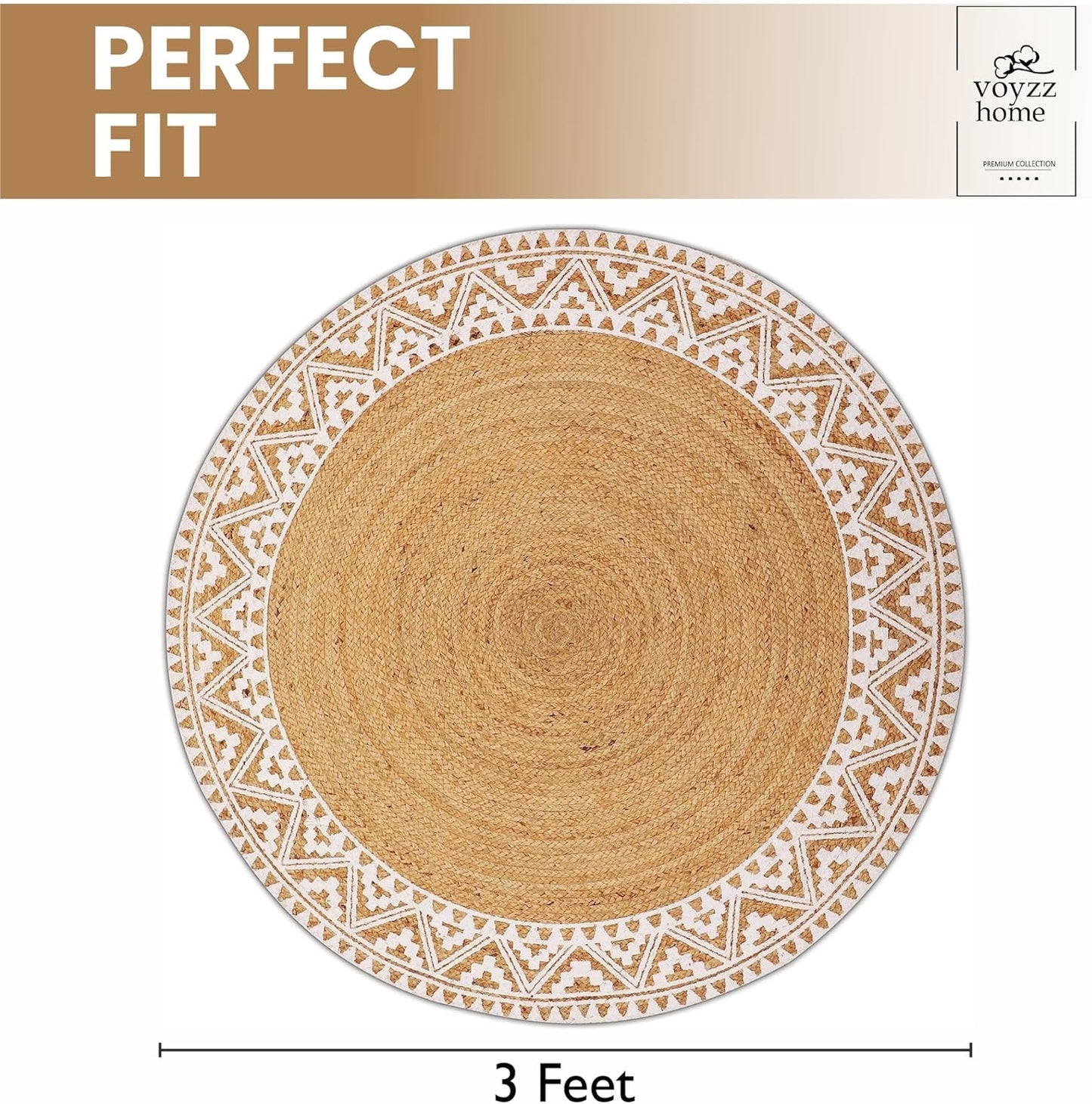 voyzz home Premium Natural Jute Braided Area Rug, 3-feet Round, White Printed Border, Stain Resistance, Natural Handmade Rug for Entryways, Living Room, Dining Room, Bedroom, Farmhouse, Kitchen