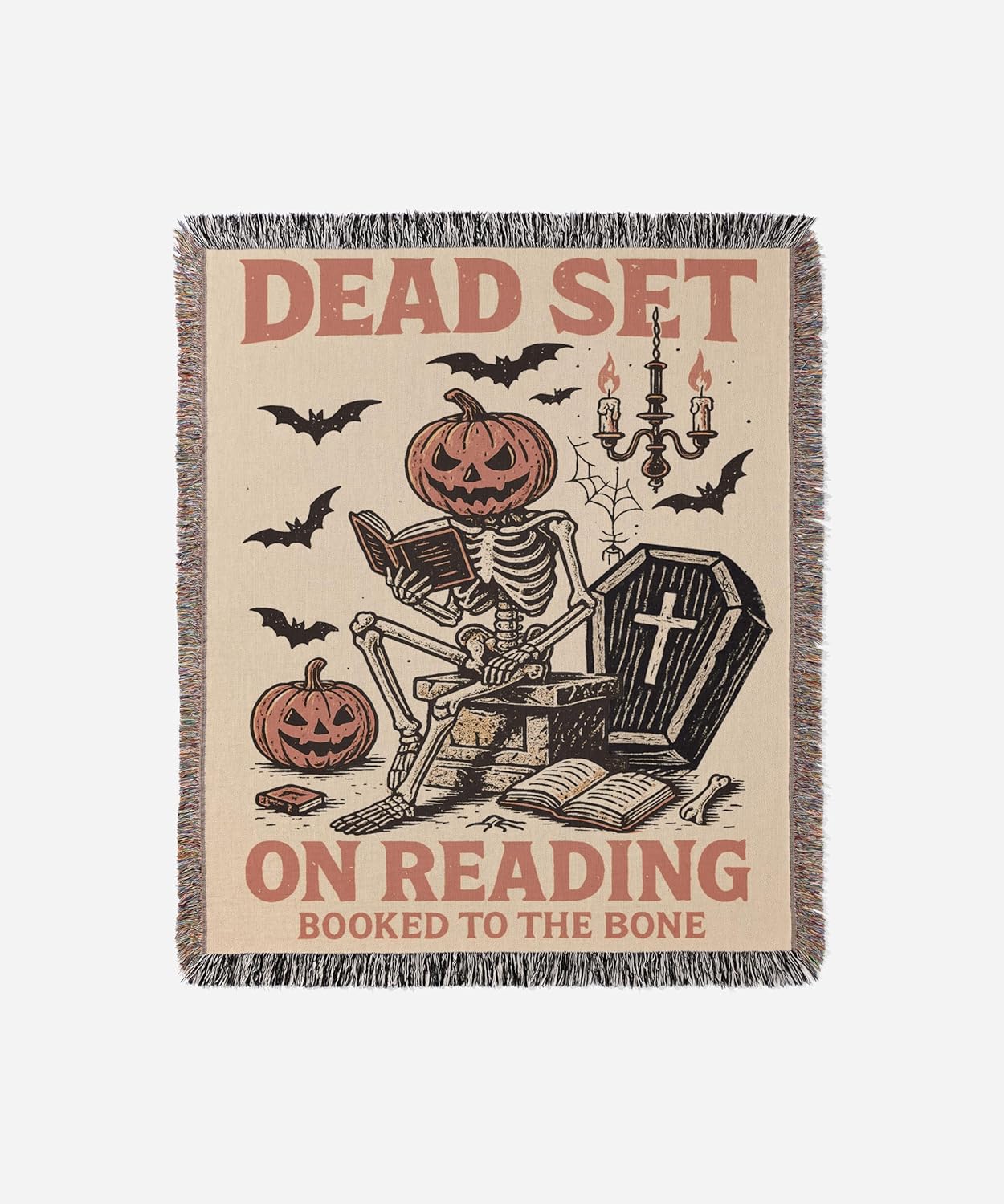Dead Set on Reading Woven Blanket – Spooky Bookish Throw for Cozy Readers