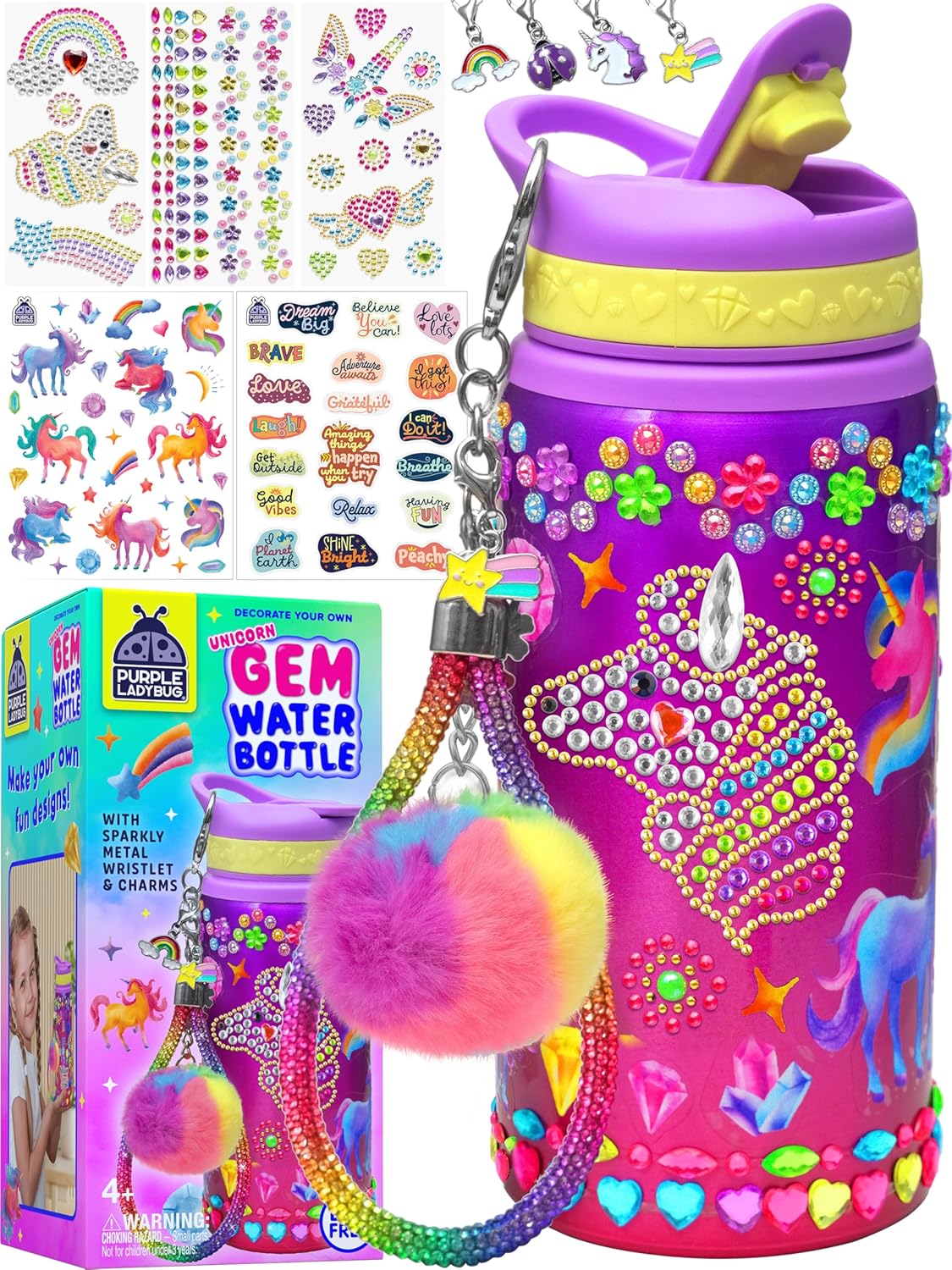 PURPLE LADYBUG Decorate Your Own Water Bottle Kit for Girls - Easter Gifts for Kids Gifts for Ages 5 6 7 8 9 10 Year Old Girl Birthday, Unicorn Toys Crafts Kids Ages 6-12