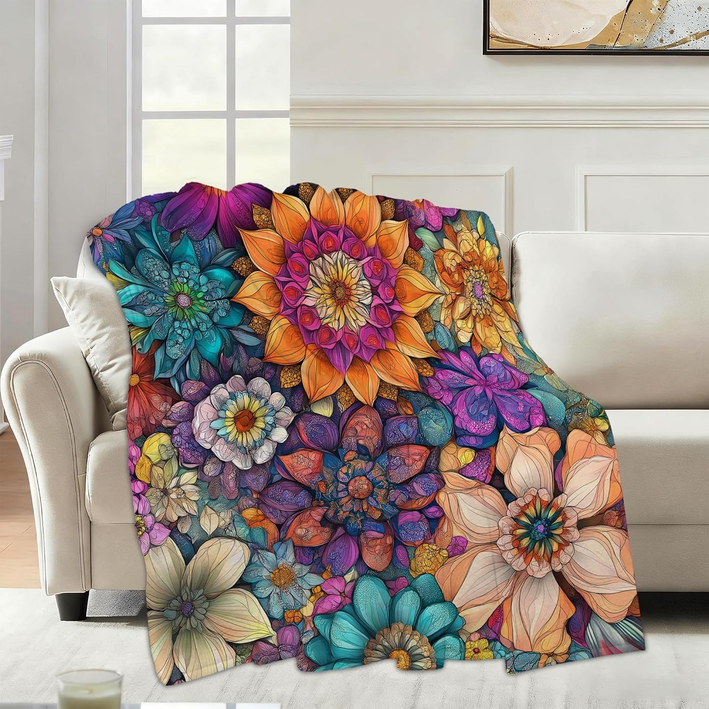 Vintage Floral Fall Throw Blanket,Ethic Flower Cozy Plush Fluffy Blanket for Living Room Decor,Lightweight Fleece Throws for Couch,Bed,Traveling,Naps,Reading,50 X 60 Inch