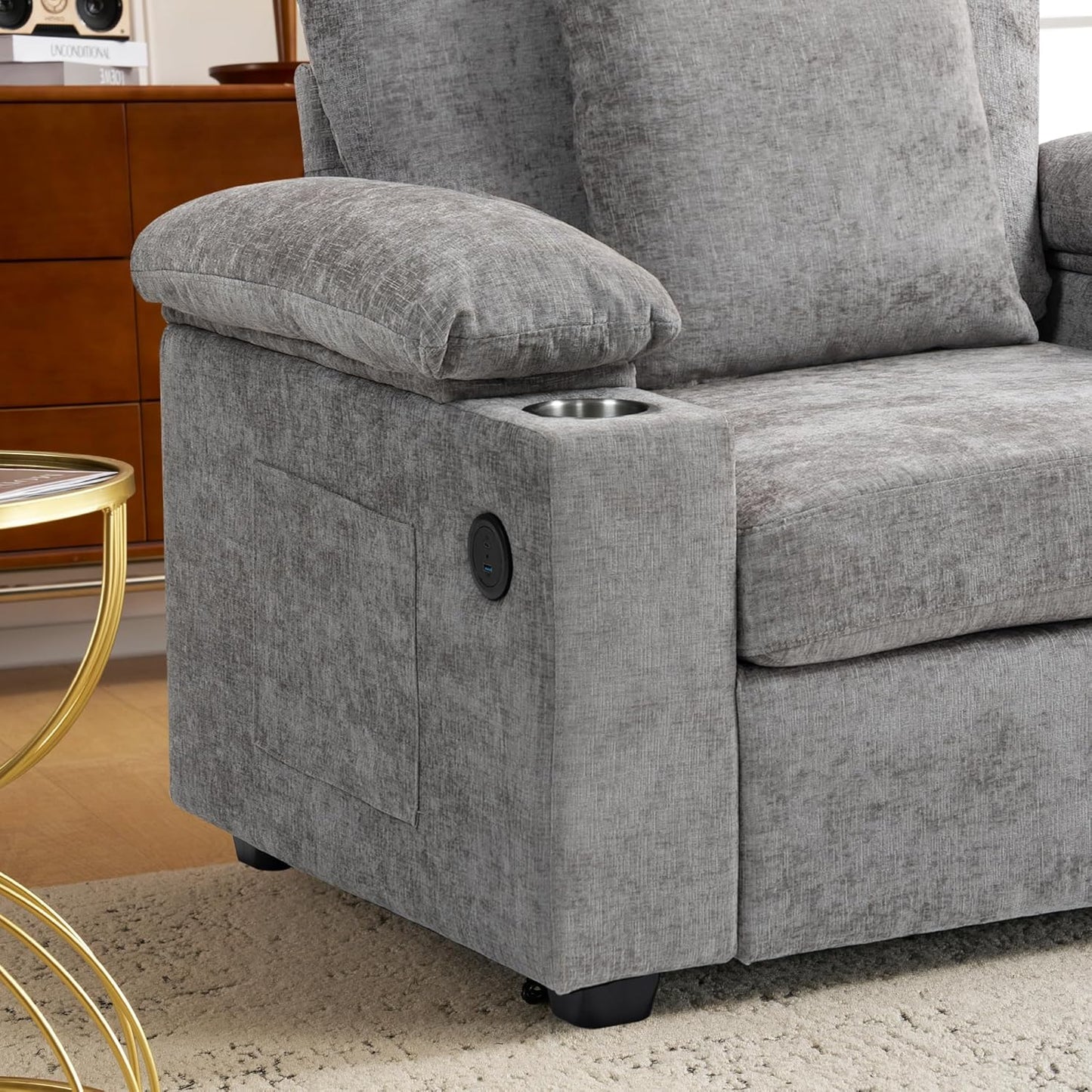 Modern Ergonomic Accent Chair with Ottoman - Supportive Oversized Lounge Chair for Living Room, Bedroom, Reading, Vanity, Comfy Seating with Lumbar Support, Cup Holders and Stylish Design,Grey-Chenill
