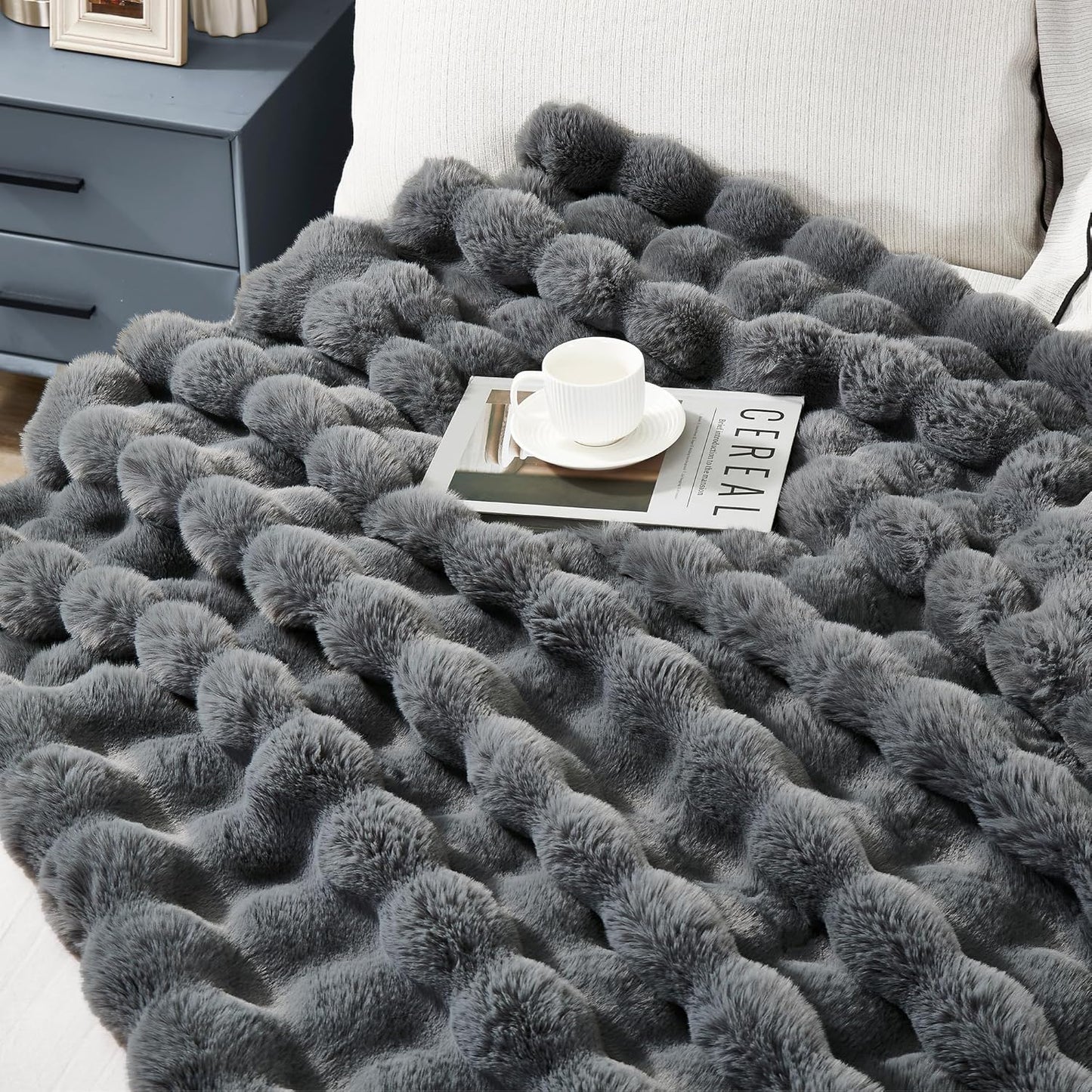 JONIYEAR Solid Thick Bubble Faux Rabbit Fur Throw Blanket 50" x 60", Decorative Bumpy Cute Cozy Fluffy Gray Warm Blanket for Winter,Reversible Luxe Fuzzy Textured Poofy Comfy Shag Furry Blankets, Grey