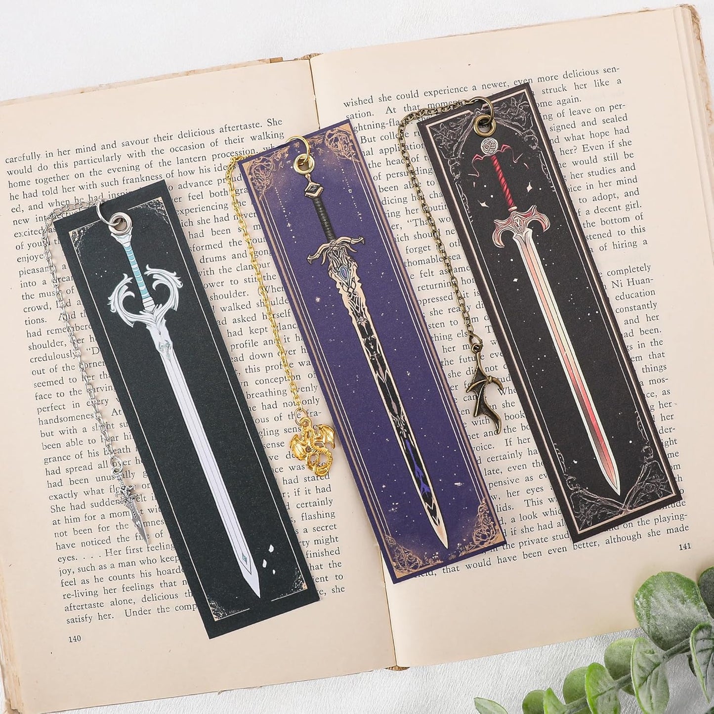 Dragon Sword Bookmark Gifts - 4 Pcs Purple Cool Vintage Bookmarks for Men Reading Lovers Kids Teacher Students Gold Pendant Charm Fantasy Anime Book Marks Office Home Supplies Birthday Gift