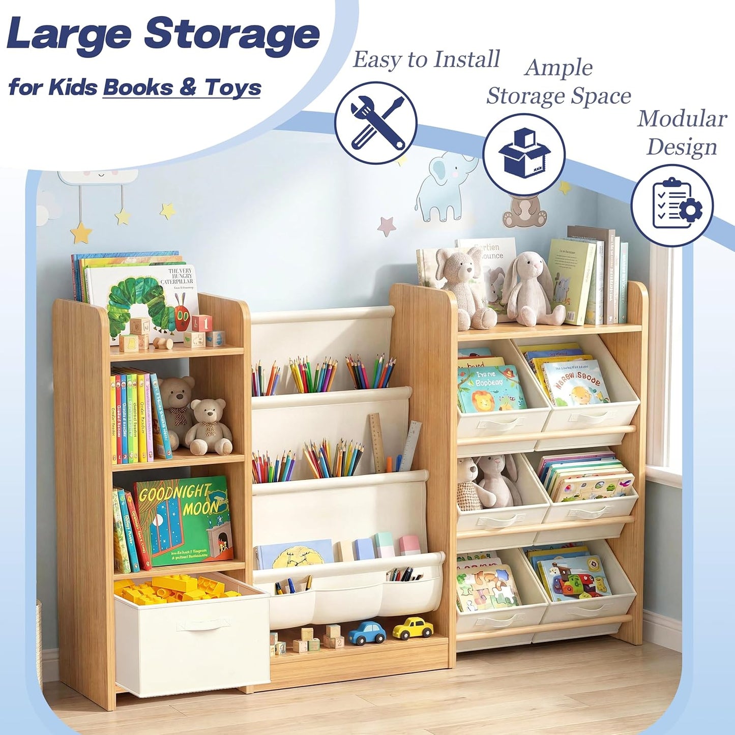 Kids Bookshelf and Toy Storage, Large Toy Storage Chest with Removable Bins, Kids Toy Storage Organizer, Sling Baby Bookcase, 4-Tier Book Shelf for Kids Room, Playroom, Classroom