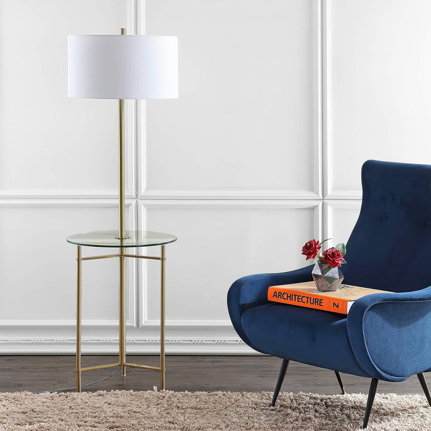JONATHAN Y 59" Brass Gold Metal and Glass Side Table LED Floor Lamp, Modern Transitional Iron Standing Lamp with White Linen Drum Shade, UL Listed, LED Bulb Included JYL3059A