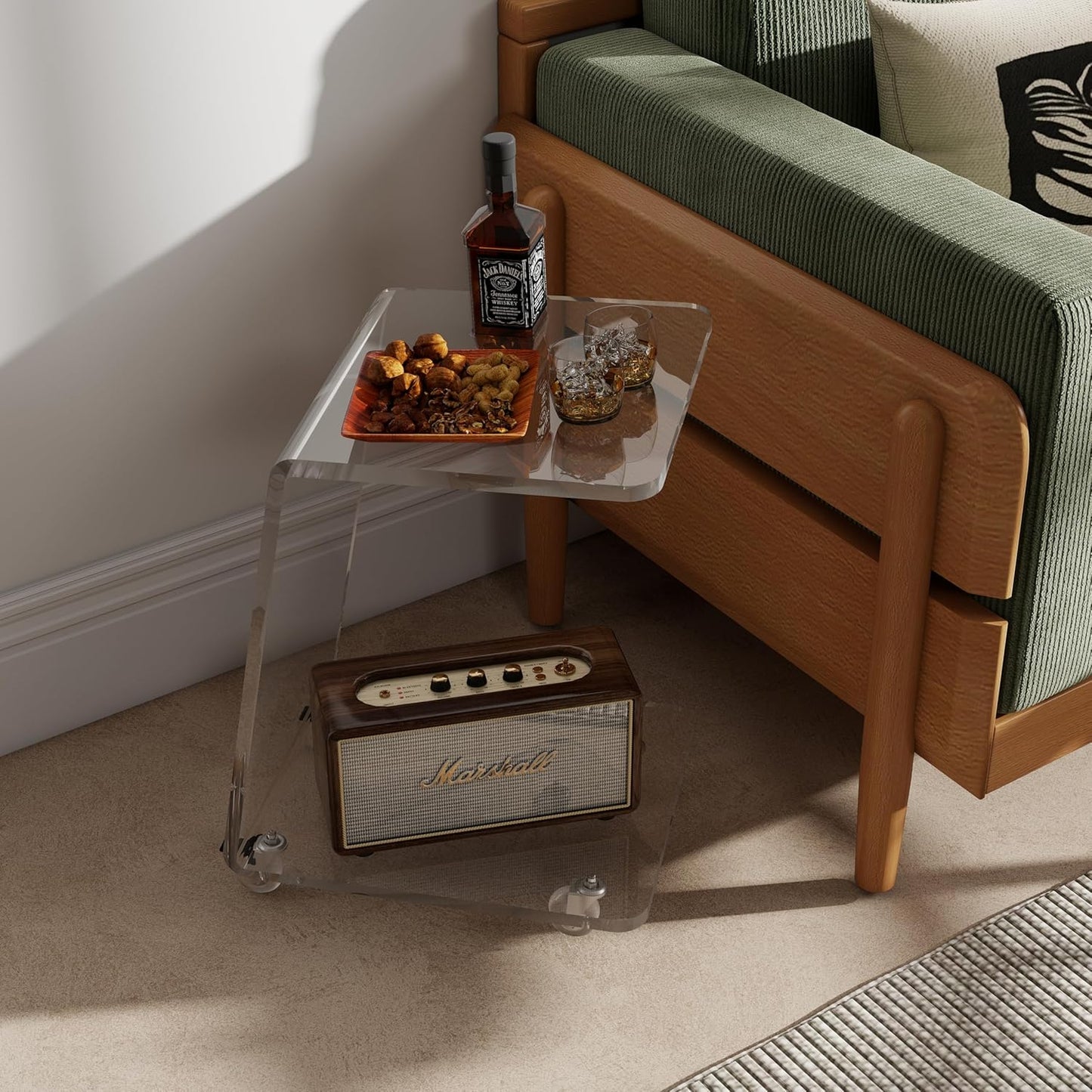 2-Pack C Shaped Side Table for Sofa, Heavy Clear Acrylic Mobile End Table on Wheels, Modern Rolling Snack & Drink for Living Room & Bedroom, Space-Efficient Design with Sturdy Construction, 15mm Thick