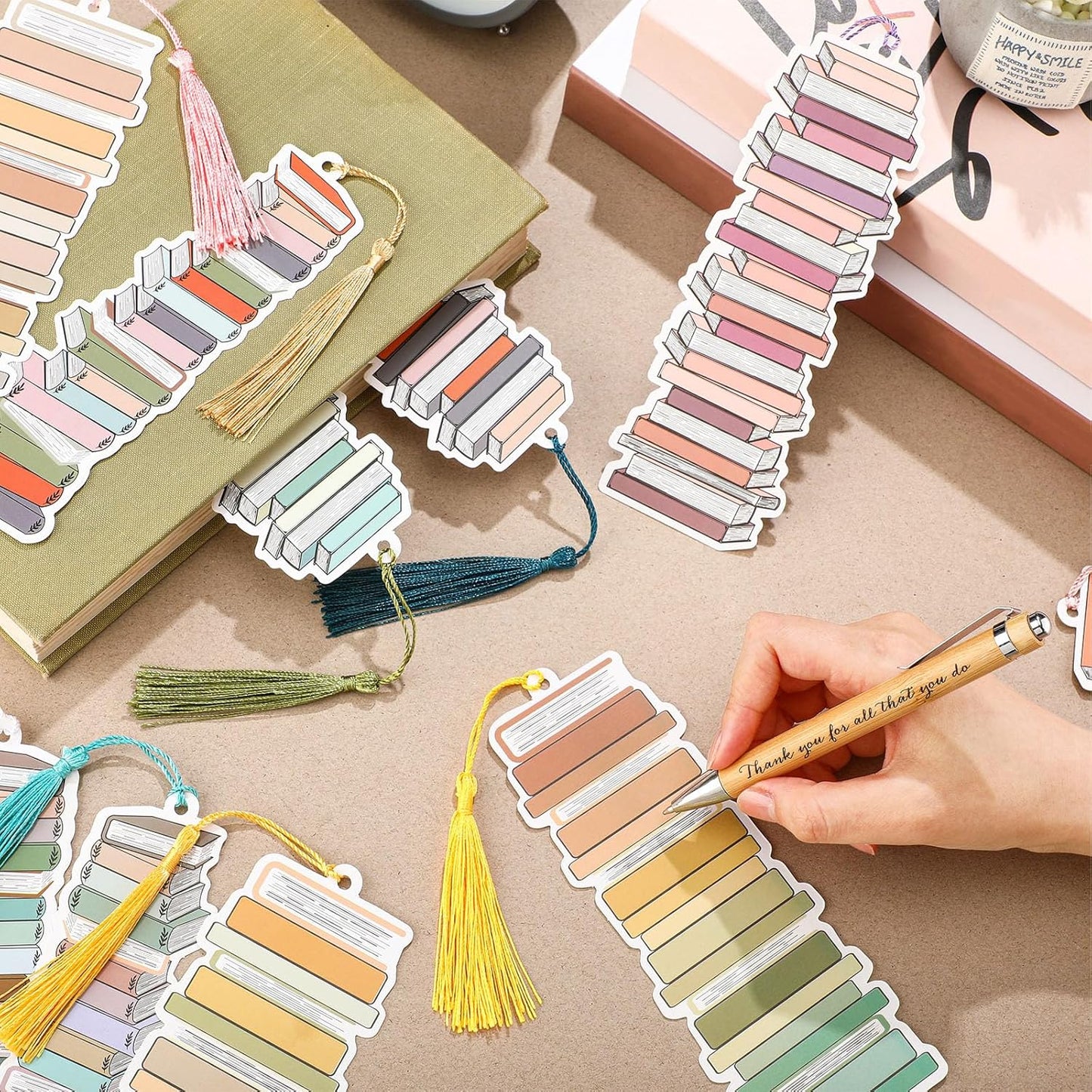 50 Pcs Book Tracker Bookmarks 6. 3 x 2. 2 Inch Bookshelf Design Page Markers Bookmarks with Tassel Book Lovers Gift Double Sided Cute Tracker for Back to School Supplies Gift Reading Salon Favors
