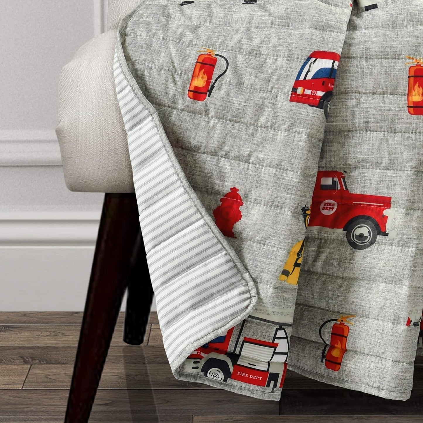 Lush Decor Fire Truck Throw Blanket, Red & Gray, 50" W x 60" L - Toddler Blanket - Reversible Stripe Print Quilted Throw for Kids Room