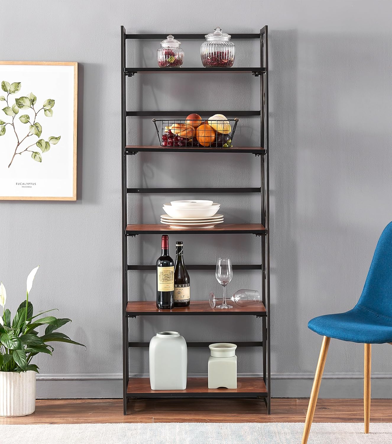 VECELO 5 Tier Bookshelf, Industrial Folding Bookcase with Metal Frames,Modern Standing Storage Rack Shelf Organizer for Home and Office,