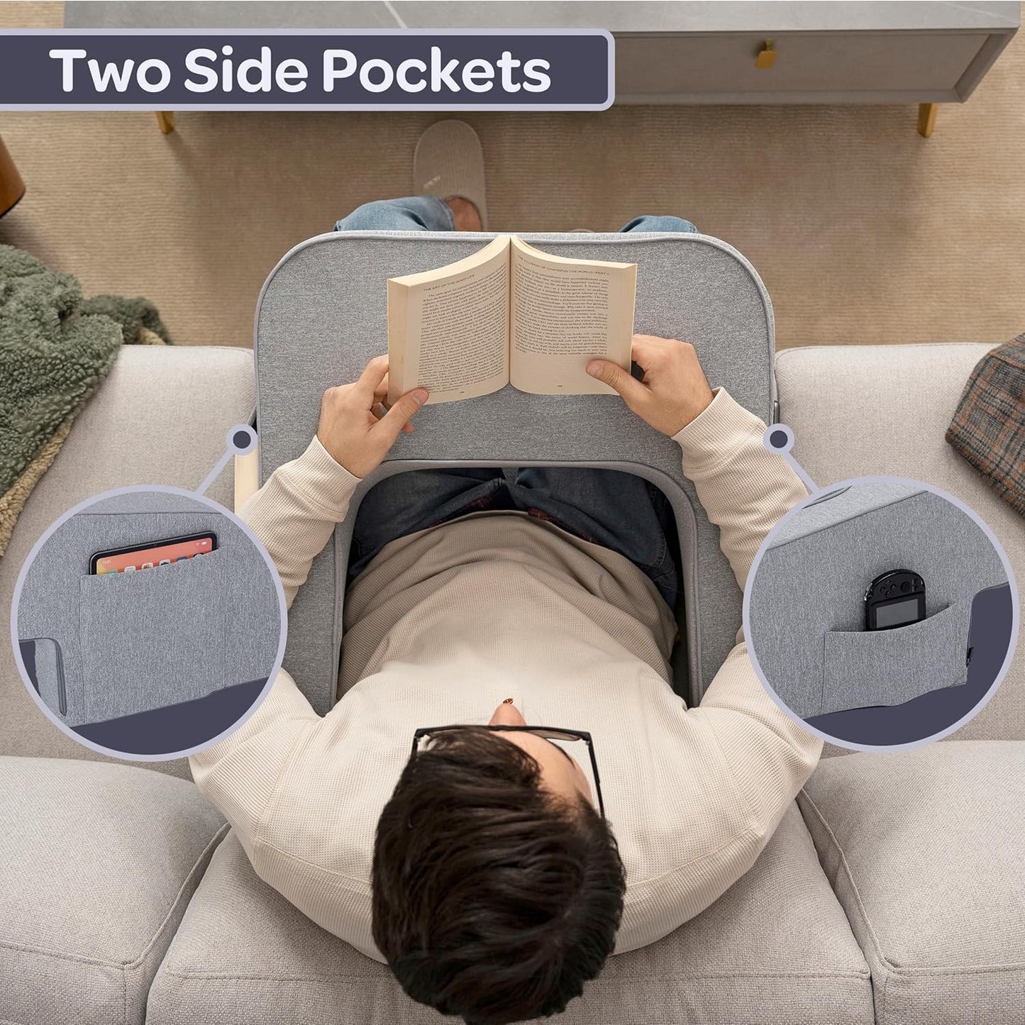 Lavish Home Reading Pillow for Gaming - Lap Desk Pillow with Arm Rests, Storage Pockets, and Removable Washable Cover - Laptop Pillow for Reading, Gaming, Studying, and Working (Gray)