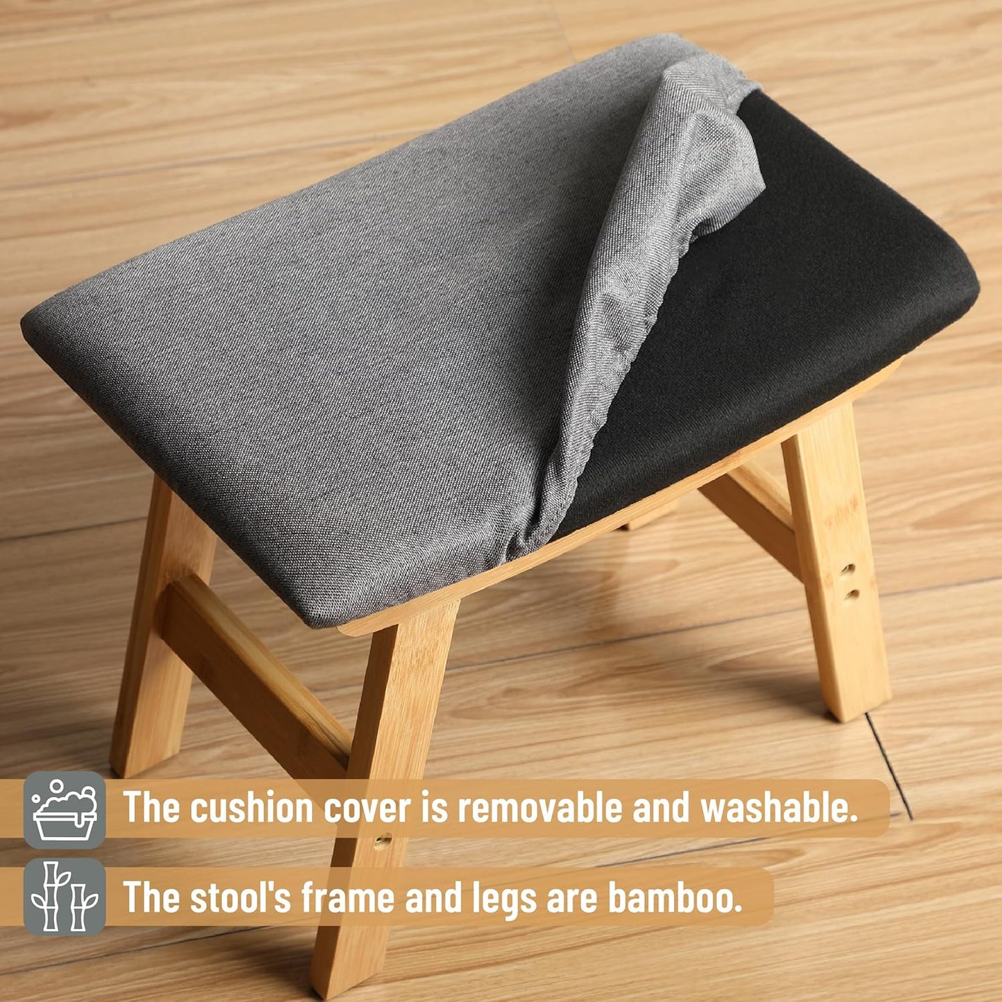 BAMBOO LAND- Bamboo Foot Stools Ottoman, Gray Cushion & Natural Wood Legs, Small Ottoman Foot Rest for Couch