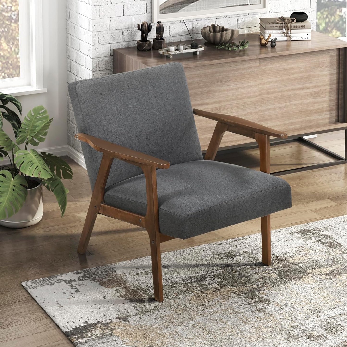 Lexicon Mid Century Modern Accent Chair, Upholstered Lounge Armchair, Single Sofa Seat, Brown Finish Solid Wood Framed Comfy Side Chairs for Living Room/Bedroom/Office/Waiting Area, Dark Gray