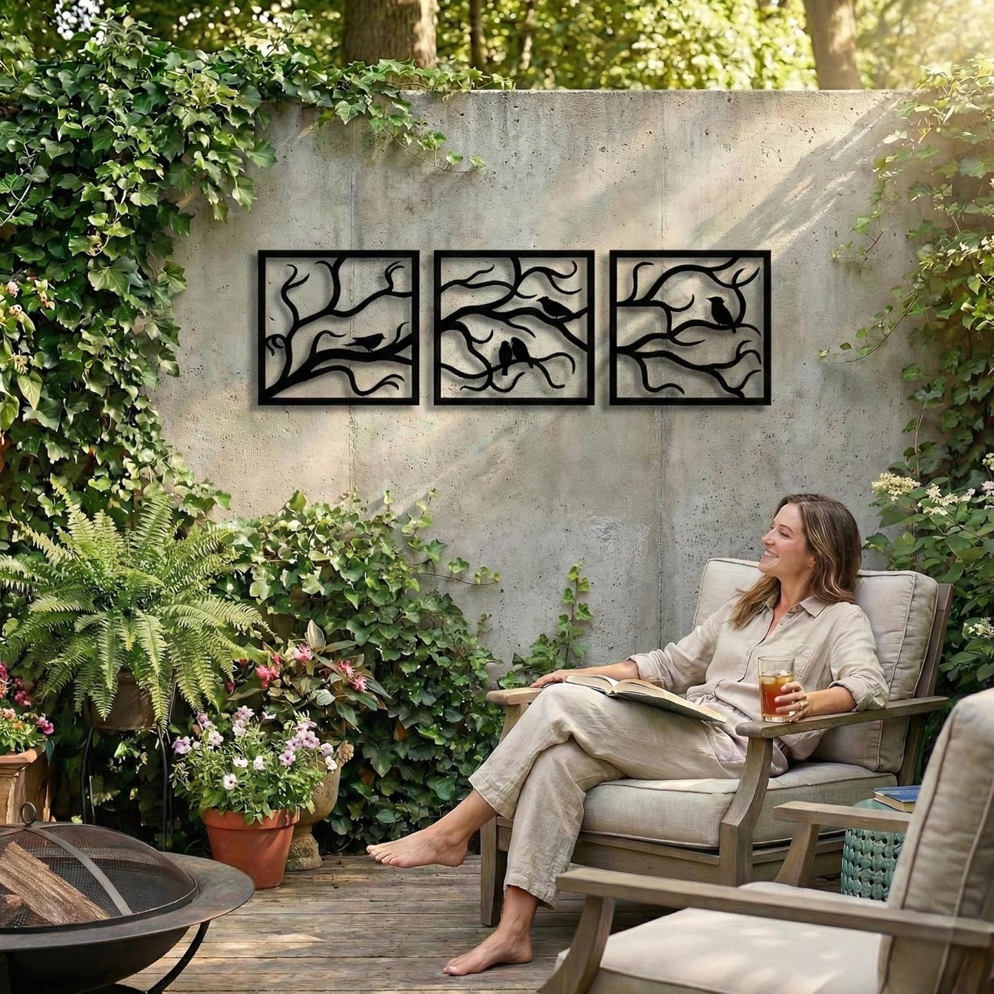 Metal Wall Art, Birds on Branch 3 Pieces, Tree Wall Art, Tree Sign, Wall Decor, Interior and Outdoor Decoration, 3 Panels Wall Hangings (40"W x 13"H / 102x33cm)