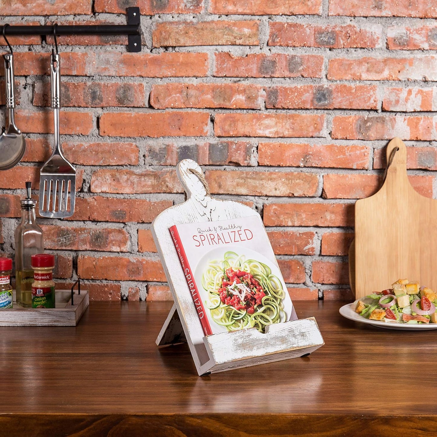 MyGift Recipe Book Holder, Whitewashed Wood Cutting Board Style Cookbook Holder, Wooden Book Stands for Display