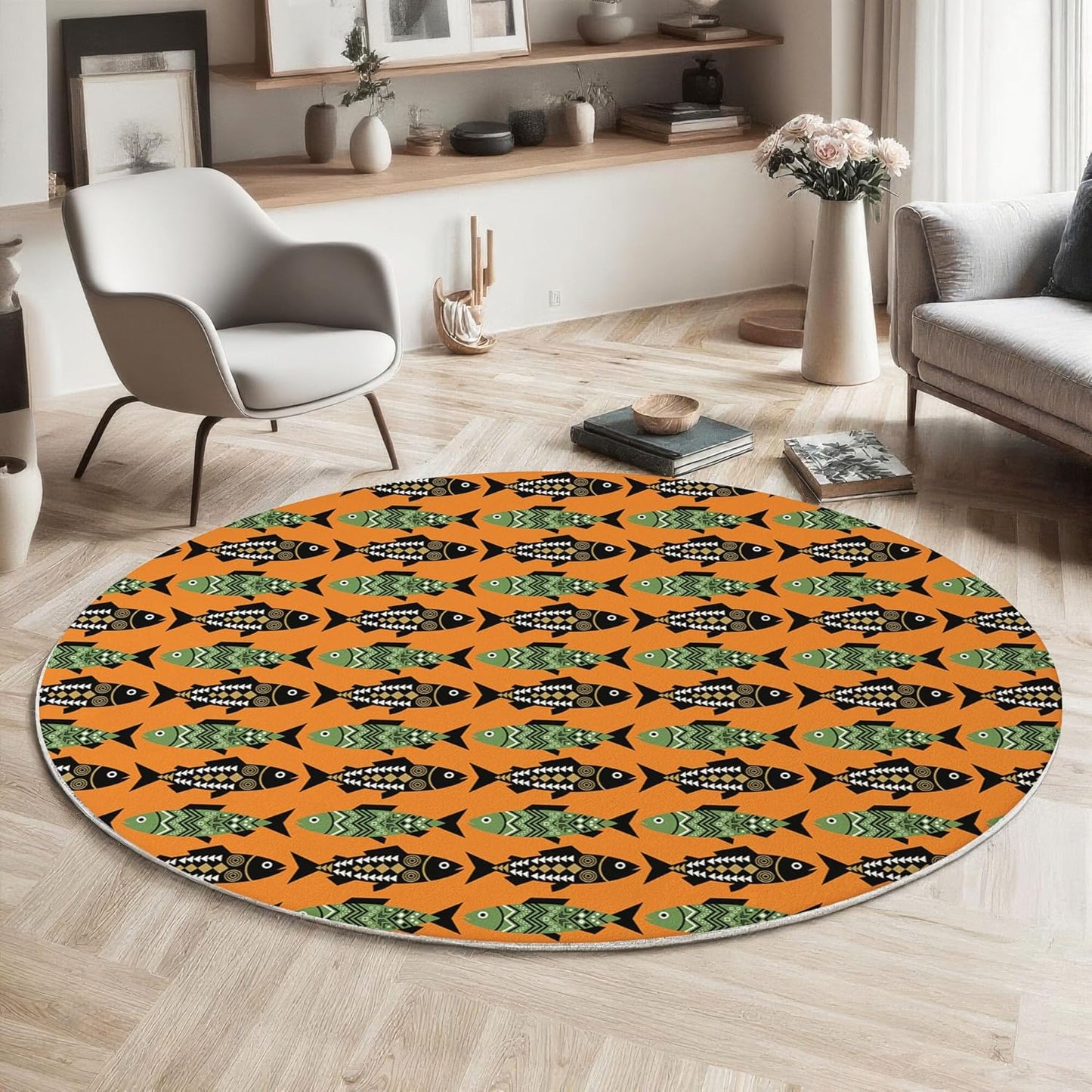 6Ft Round Washable Rug - Large Area Rug for Living Room Dining Room, Orange Soft Bedroom Carpet with Tribal-Style Fish Poster Pattern, Geometric Animals Décor, Low Pile Stain Resistant