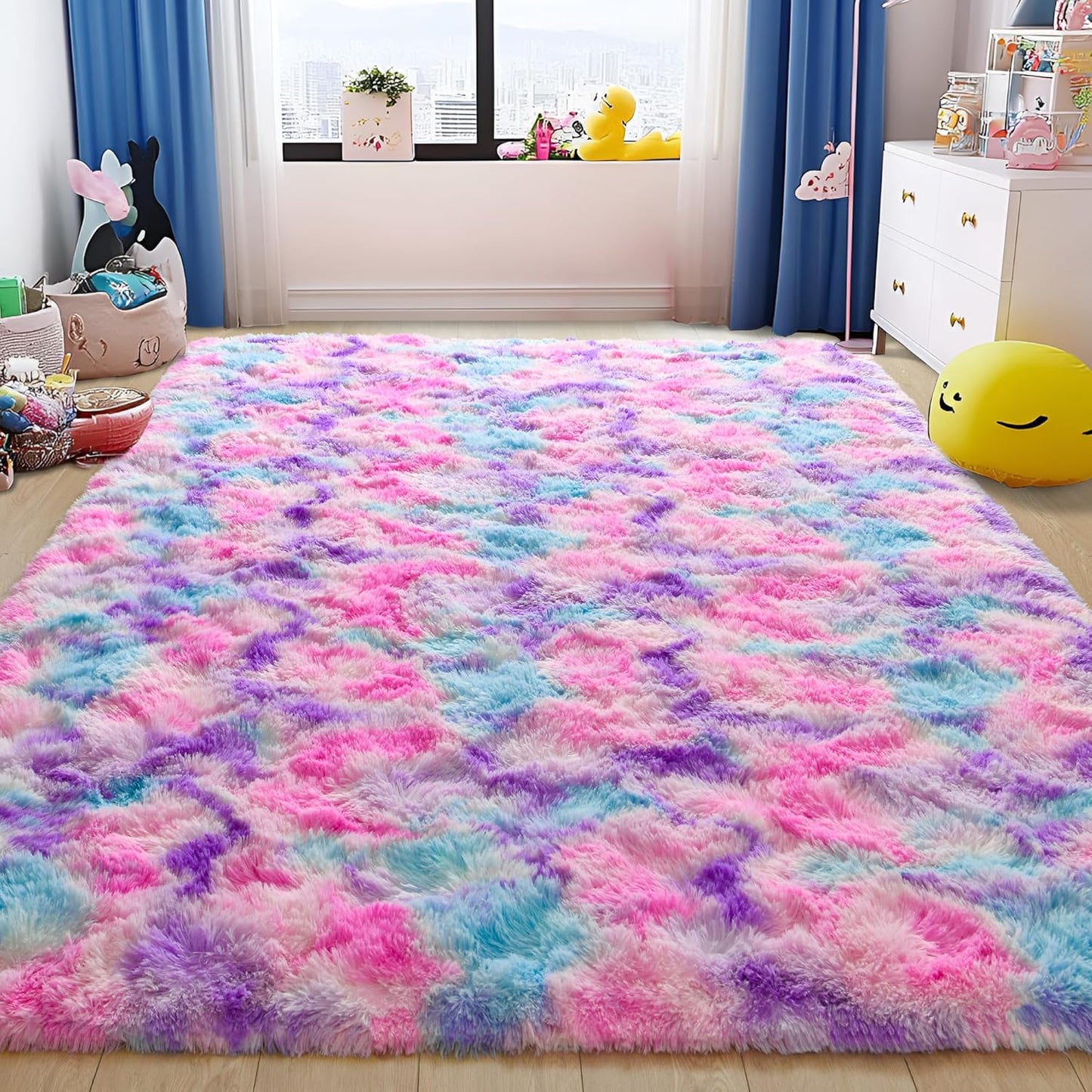 Tepook Soft Rainbow Rug 8x10 for Girls Room, Cute Fluffy Girls Bedroom Area Rug, Shaggy Princess Rug Colorful Carpet for Kids Teens Toddler Playroom Nursery Reading Nook, Hot Pink