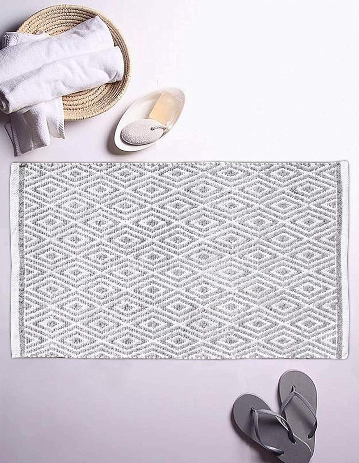 Ramanta Home 100% Cotton Diamond Handwoven Reversible Rug 21x34 Inch– Grey| Soft Washable Area Rug for Bathroom, Kitchen, Bedroom, Entryway | Durable Lightweight Handmade Accent Floor Mat | Boho Décor