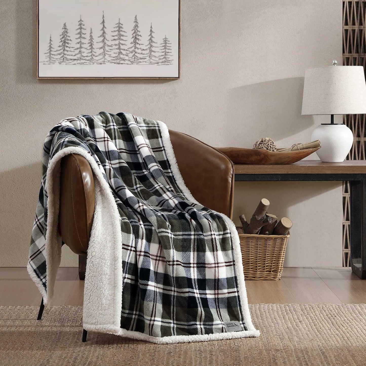 Eddie Bauer - Throw Blanket, Ultra-Soft Plush Bedding with Faux Shearling Reverse, Throw Blanket for Couch & Bed (Trailhead Plaid Green, 50" x 60")