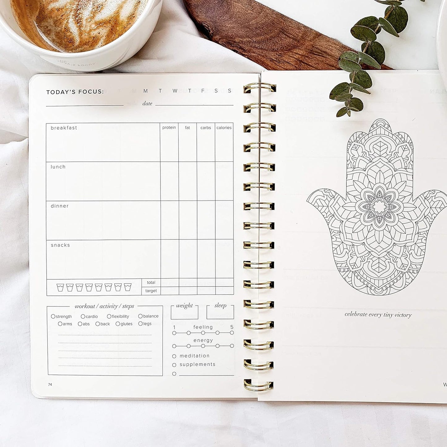 Kunitsa Co. Food and Exercise Journal for Women - Track Meals, Nutrition, and Weight Loss, 90 Days, Walnut Brown, 8.5 x 6 Inches