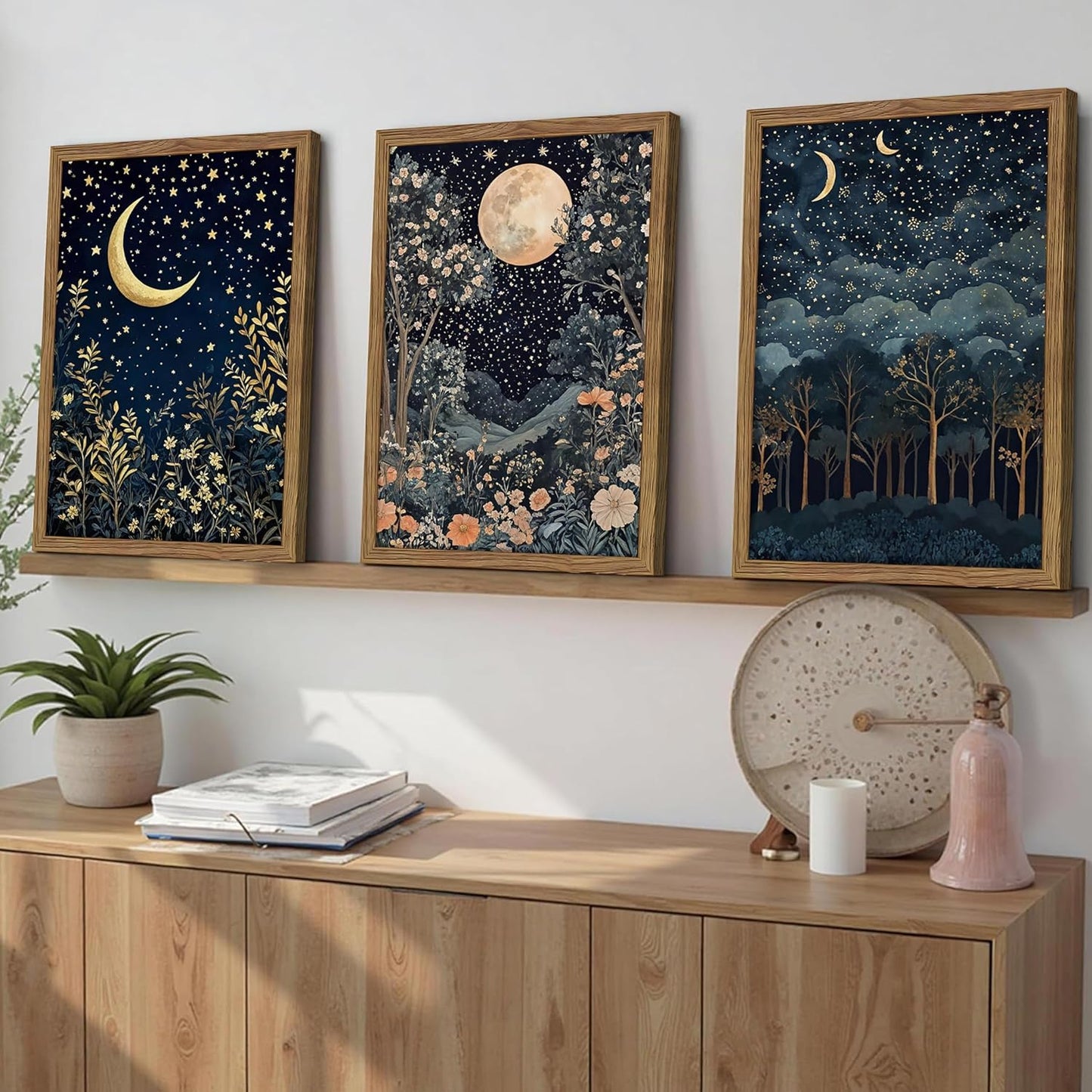 Framed Vintage Botanical Wall Art Set of 3, Nature Moon Night Sky Floral Canvas Prints, Forest Scenery Picture Painting, William Morris Farmhouse Wall Decor for Living Room Bedroom 16x24 inch