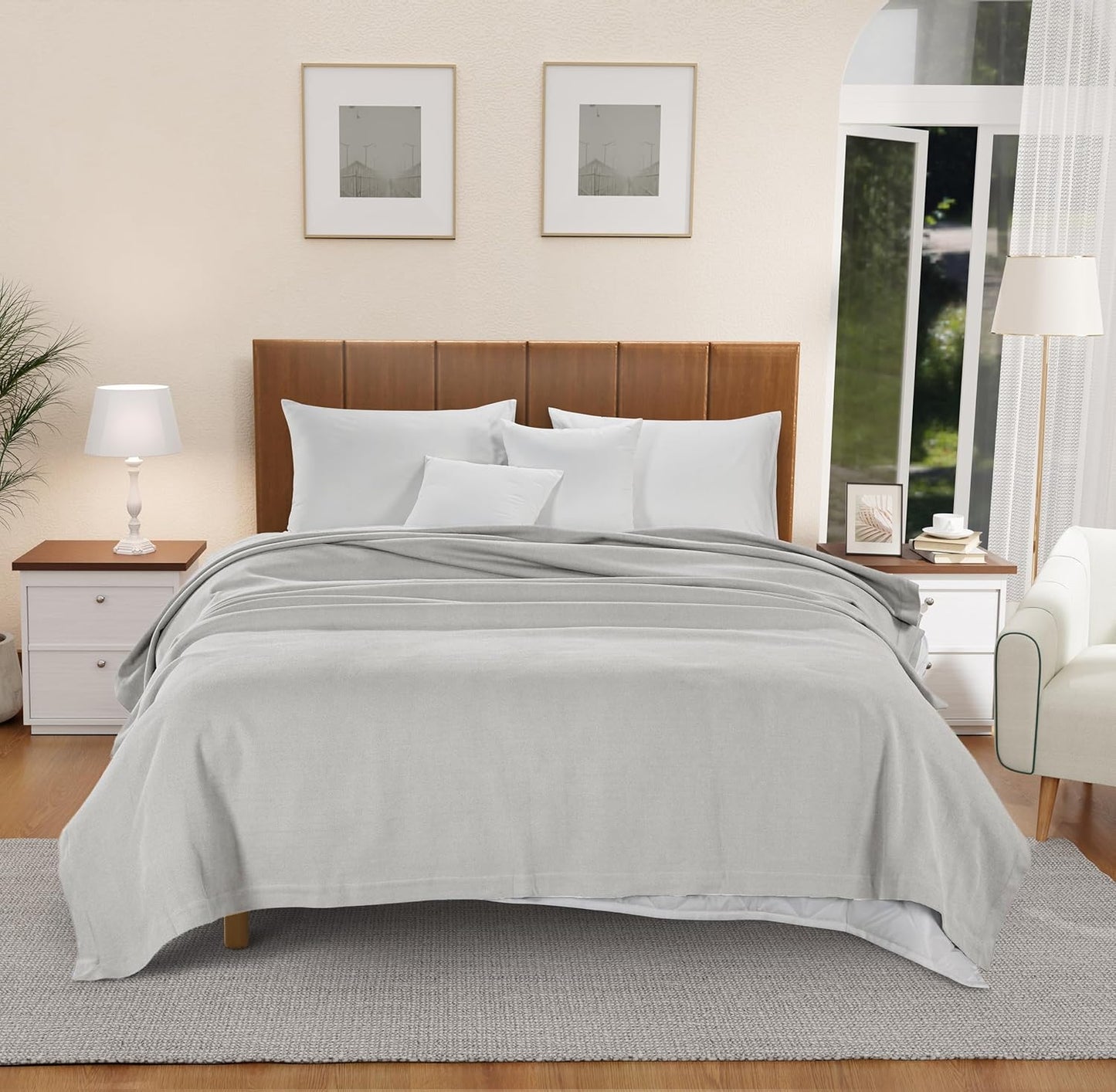 LANE LINEN Blanket Queen Size for Bed - 100% Cotton, Soft & Medium Weight Bed Blankets - Herringbone Weave All Season 350 GSM - Perfect for Queen/Full Everyday Bedding - Oeko-TEX Certified - Silver