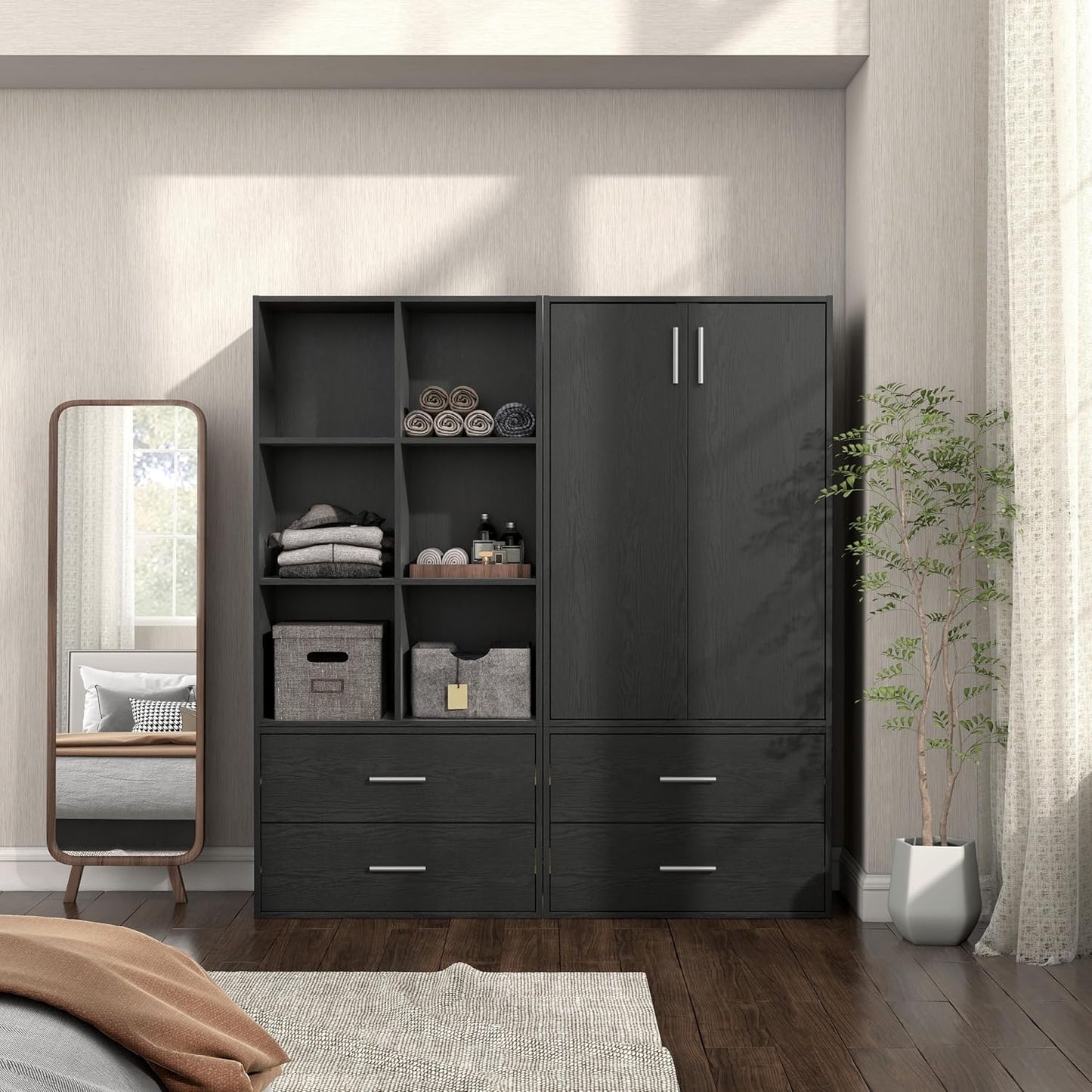 Homes: Inside + Out Apexa 3-Tier Stackable Wood Bookcase with Doors, Cube Storage Organizer Shelves, Small Food Pantry Cabinet, Dorm Teen Room Decor & Bedroom, Home Office, Kitchen, Black