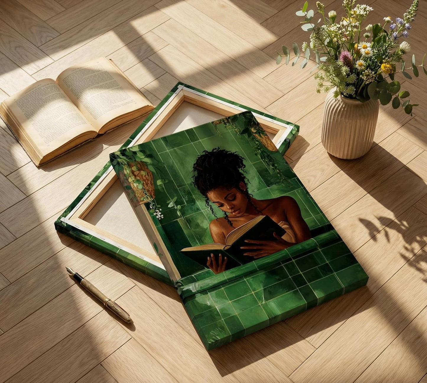 African American Woman Canvas Wall Art Black Girl Reading in the Bathroom Wall Art Picture Green Simplicity Black Woman Reading Poster Print for Study Bedroom Bathroom Artwork Home Decoration