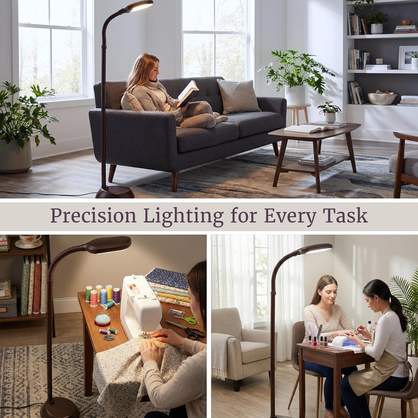 Lavish Home Adjustable Floor Lamp - Full Spectrum Natural Sunlight Lamp and Bendable Neck - Reading, Crafting, Esthetician Floor Light (Woodgrain)