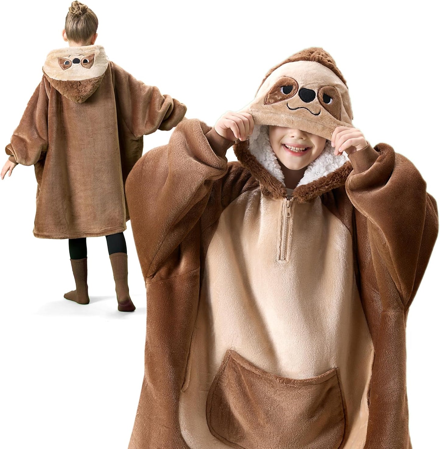 Giggling Getup Wearable Blanket Hoodie for Girls and Boys Sherpa Fleece Hooded Blanket Sweatshirt Warm Cozy Sherpa Wearable Throw Oversized Hoodie with Giant Pocket & Sleeves for Kids Brown Sloth