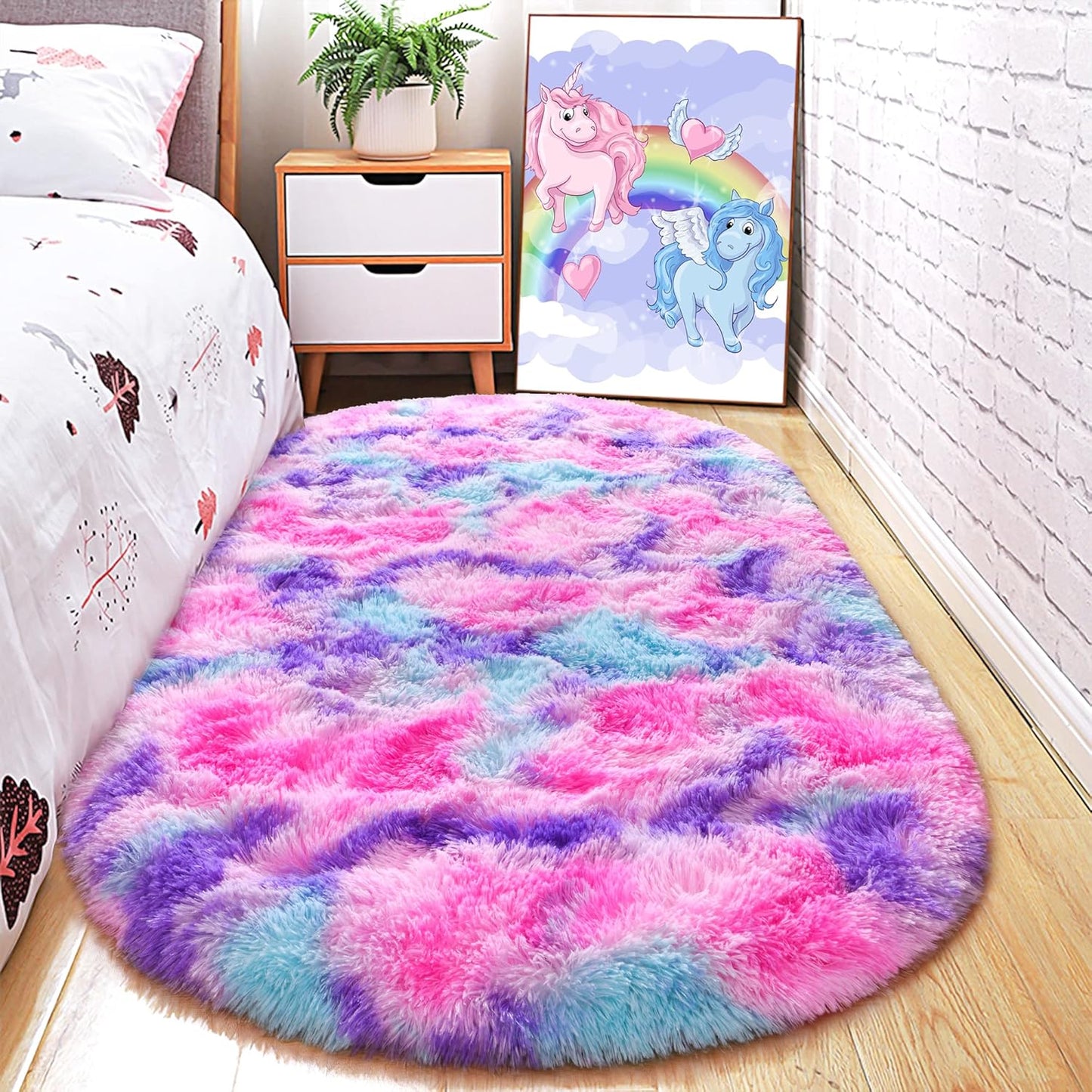 junovo Ultra Soft Washable Shaggy Rug - Non-Slip Oval Carpet for Nursery, Kids Bedroom & Home Decor (2.6x5.3ft Tie-Dye Hot Pink) | Plush Fluffy Floor Mat for Cozy Living Spaces