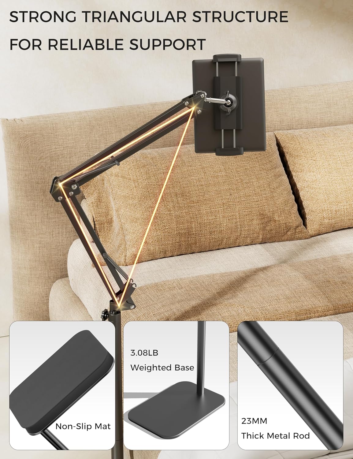 Tablet Floor Stand, 360-degree Rotatable Metal Tablet Stand Holder, Adjustable Kindle Holder, Universal Phone Stand for iPad/iPhoneX/iPad Pro or Other 4.7~12.9 Inch-Screen Devices (Black)