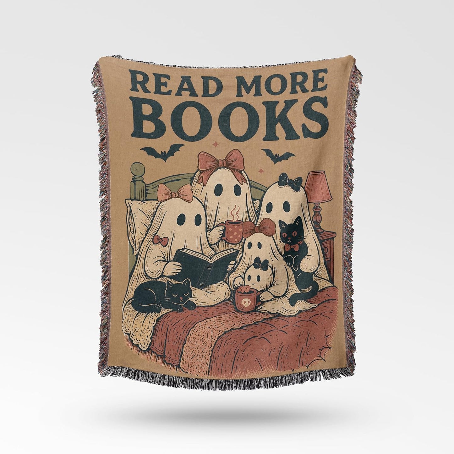Read More Books Halloween Blanket – Ghost Book Lovers Woven Throw – Cozy Fall Blanket for Reading Nook or Gothic Decor