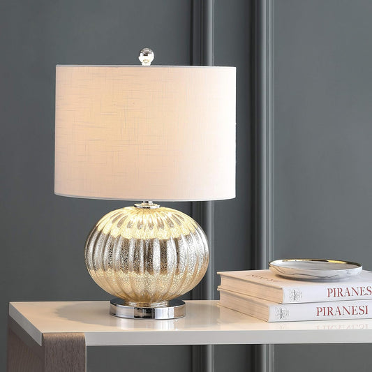 JONATHAN Y 21" Mercury Silver Ribbed Glass Table Lamp, Modern Transitional Bedside Lamp for Living Room, Bedroom, Nightstand, White Linen Shade, LED Bulb Included JYL4015A